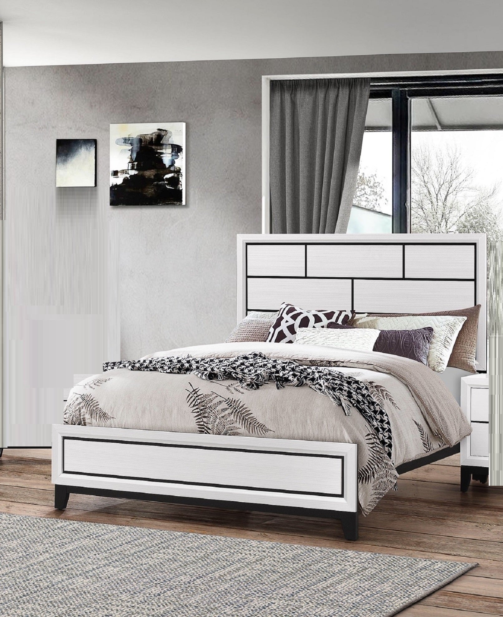Cotemporary White Finish Queen Size Panel Low-profile Bed Geometric Design Wooden Bedroom Furniture