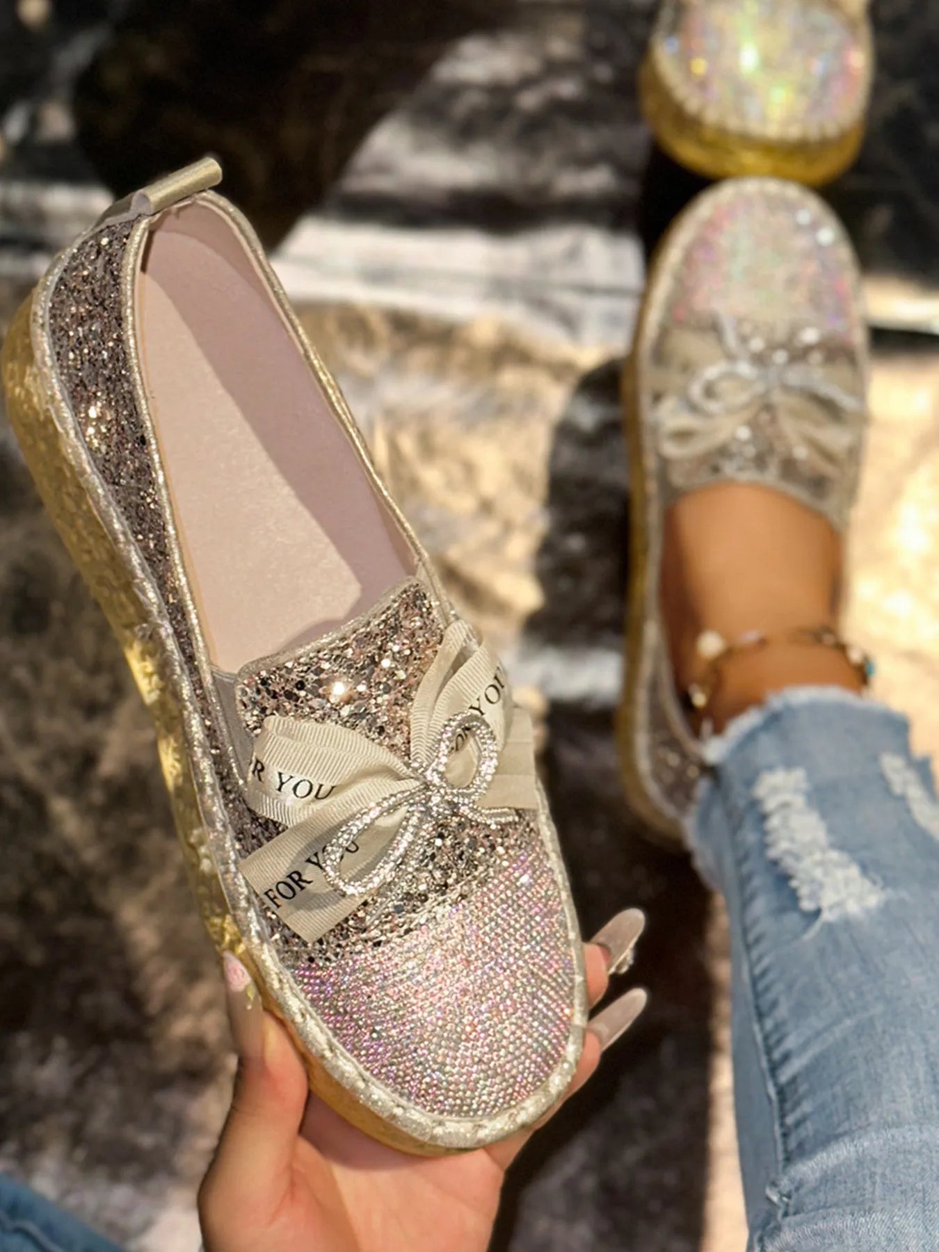 Rhinestone Bow Round Toe Slip-Ons