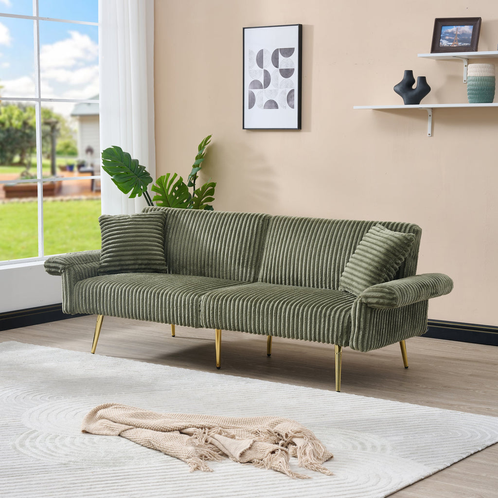 Modern Corduroy Sofa Bed, Foldable Double Sofa with Armrests, Green Velvet, 79 Inch