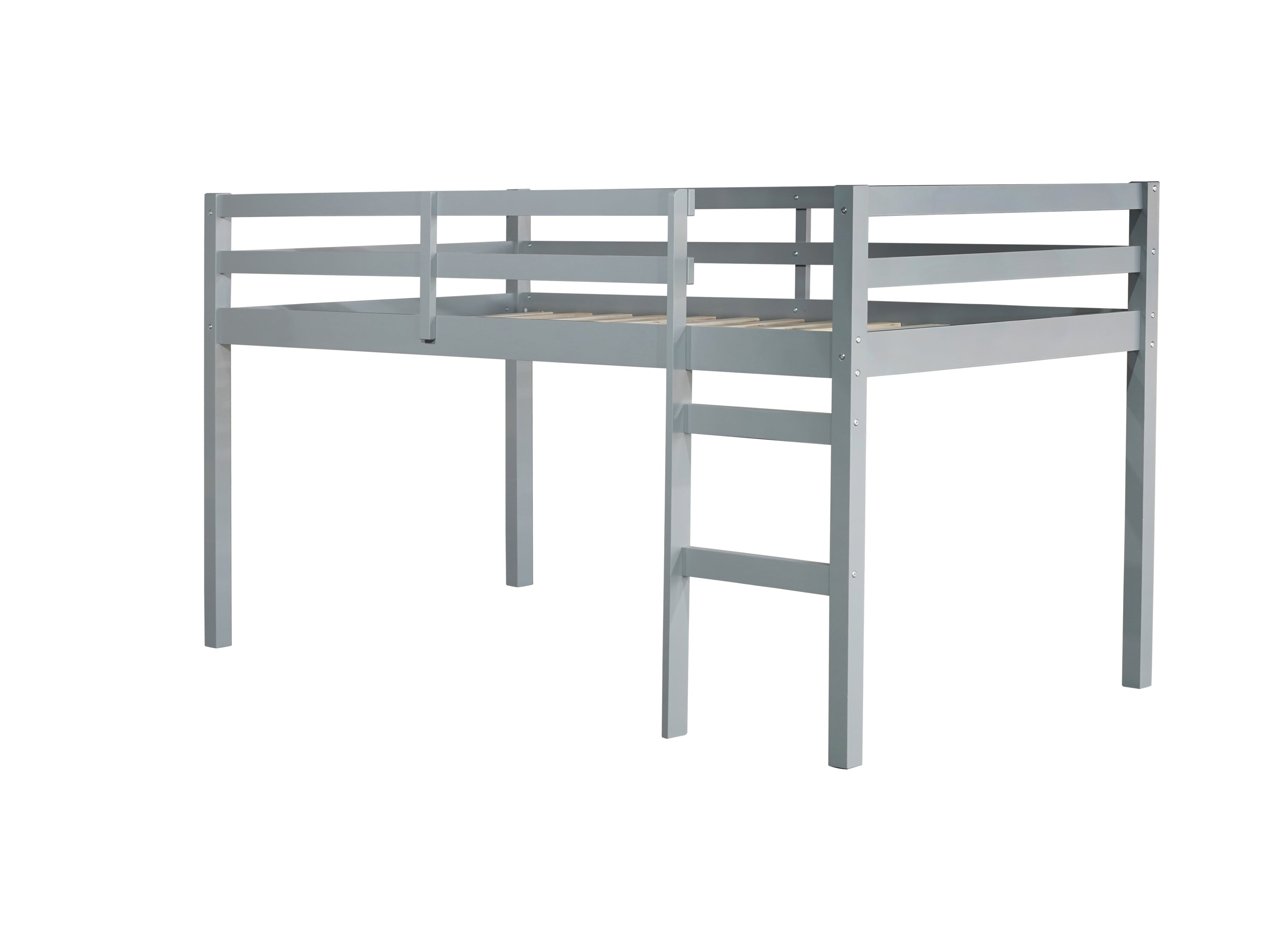 Solid Wooden, Rubber Wooden Twin Loft Bed with Ladder, Bed Platform of Strengthened Slats , Grey