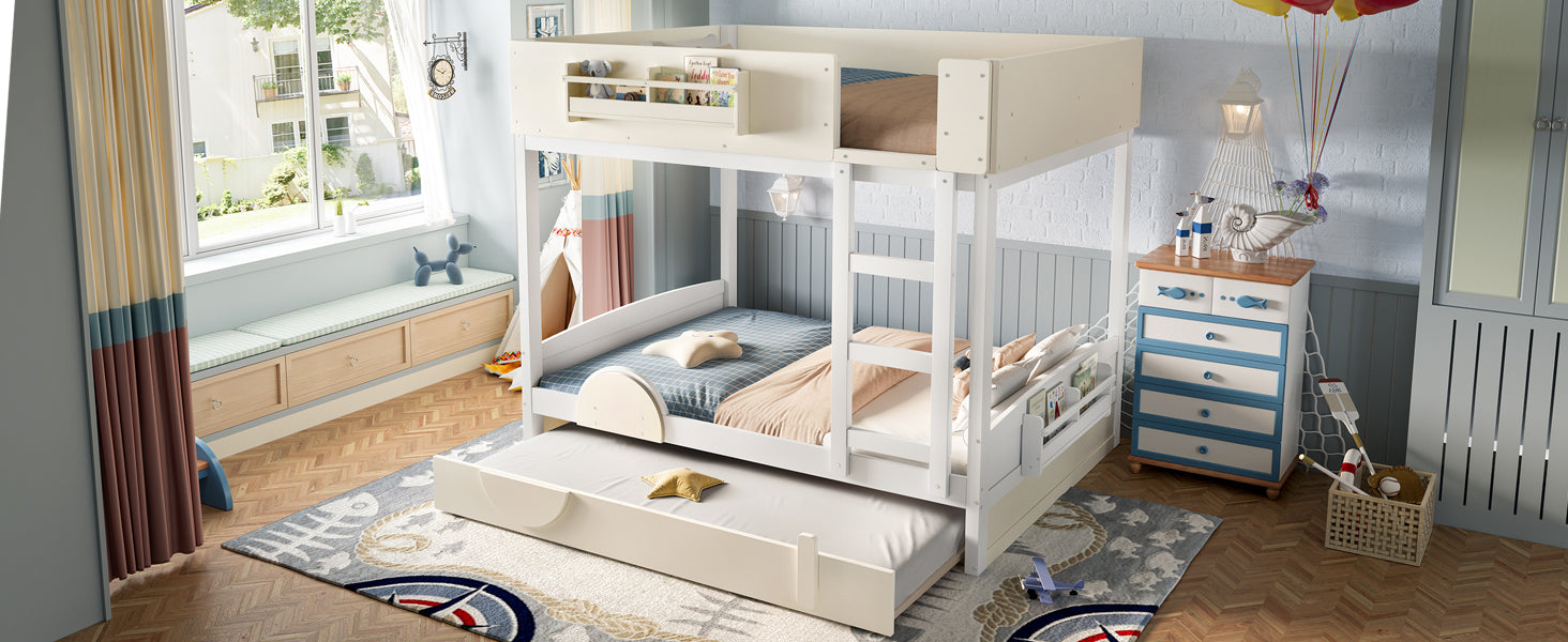Full Bunk Bed with Trundle , Wood Bunk Bed Frame with Built-in Bookshelf and High-quality Safety Guardrail,Automobile Form Design for Kids ,White＆ Beige.