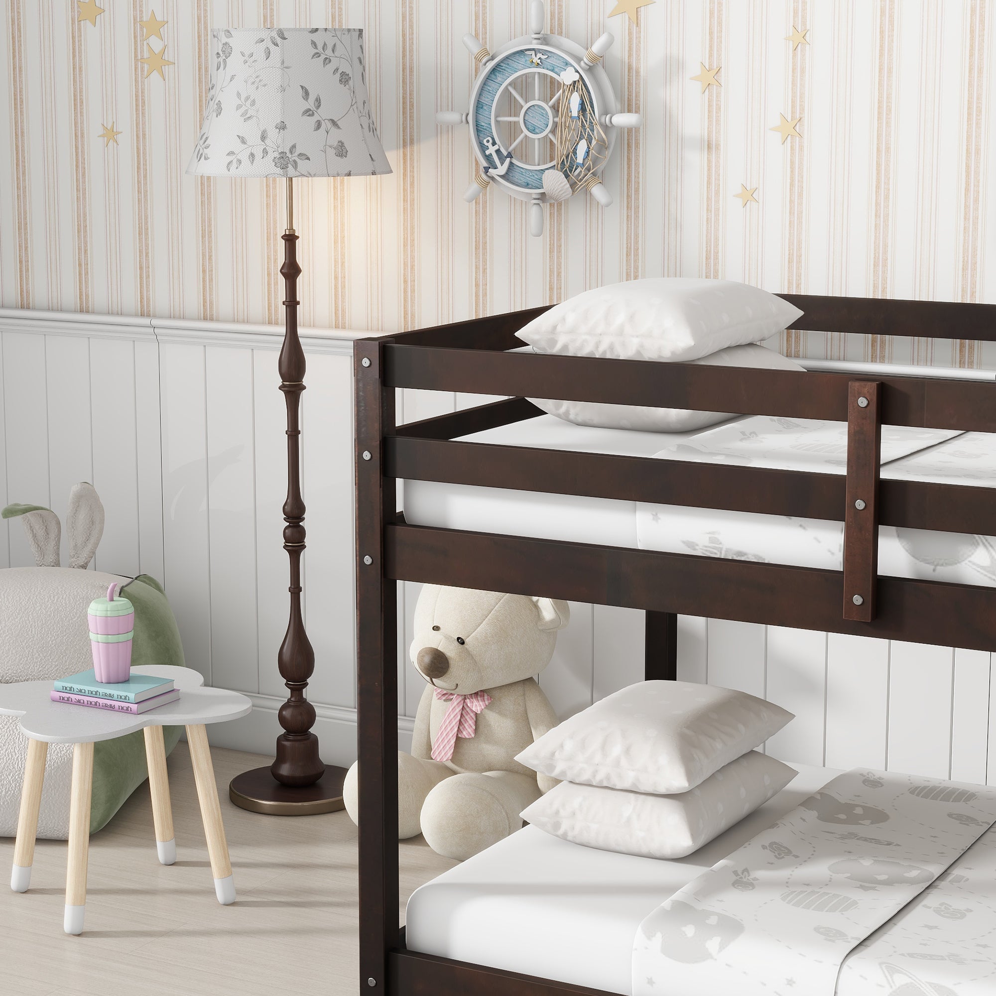Solid Wooden, Solid Rubber Wooden Twin over Twin Floor Bunk Bed with Ladder, with Bed Platform of Strengthened Slats  , Espresso