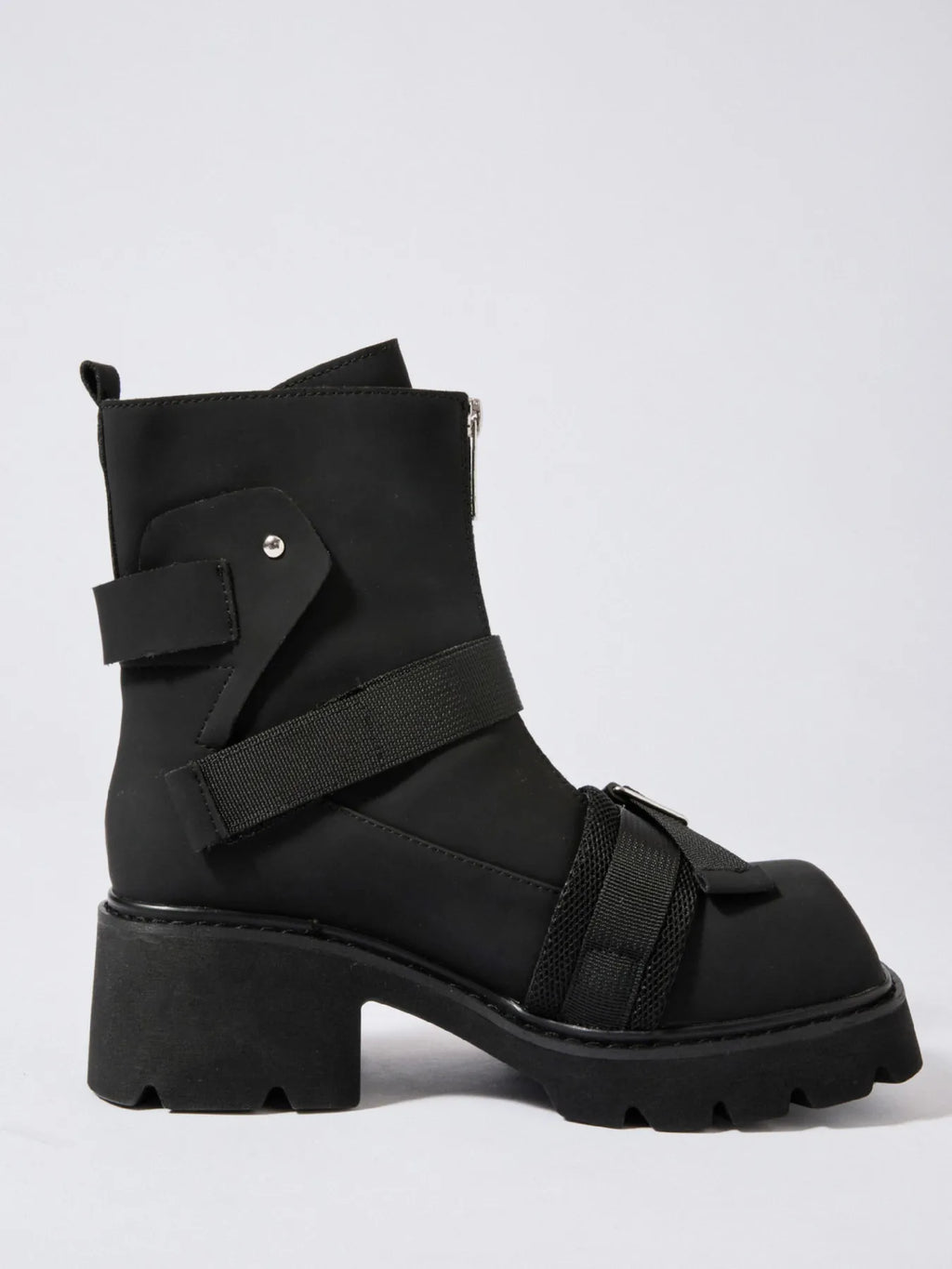 Chunky Platform Boots with Buckle Straps and Front Zip
