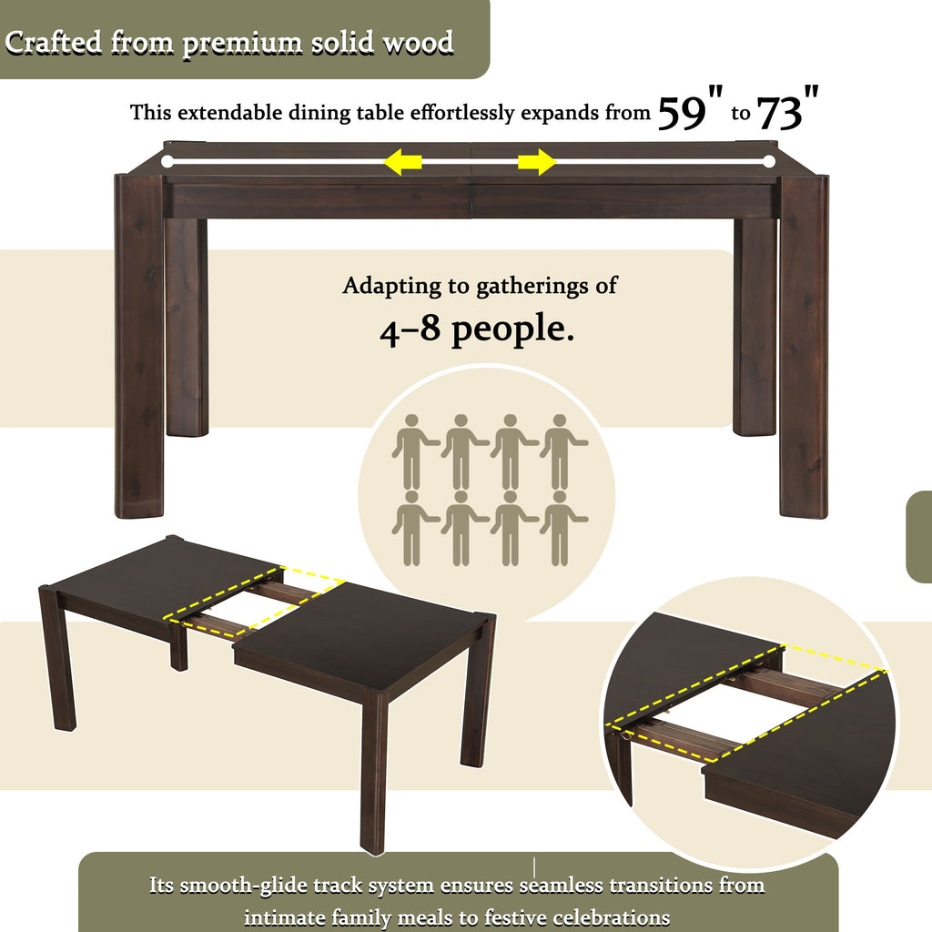 Modern Farmhouse Extendable Dining Table Set with Solid Wood Rattan Chairs – Expandable 59' to 73' for 4-8 Guests in Walnut & Champagne