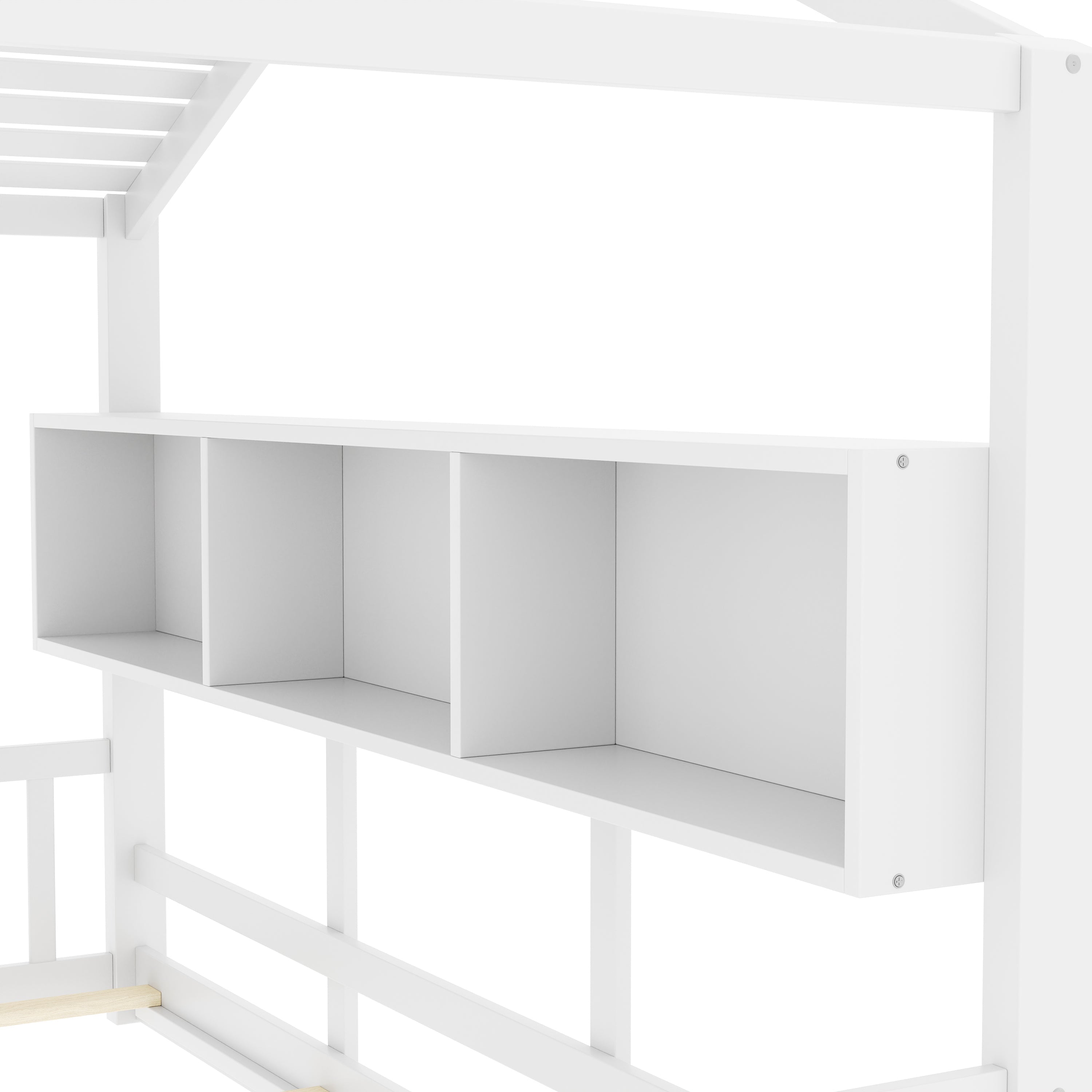 Full Size Floor House Bed for Toddler, Kids Montessori Bed  with Storage Shelf, Playhouse Bed with Roof Design, White