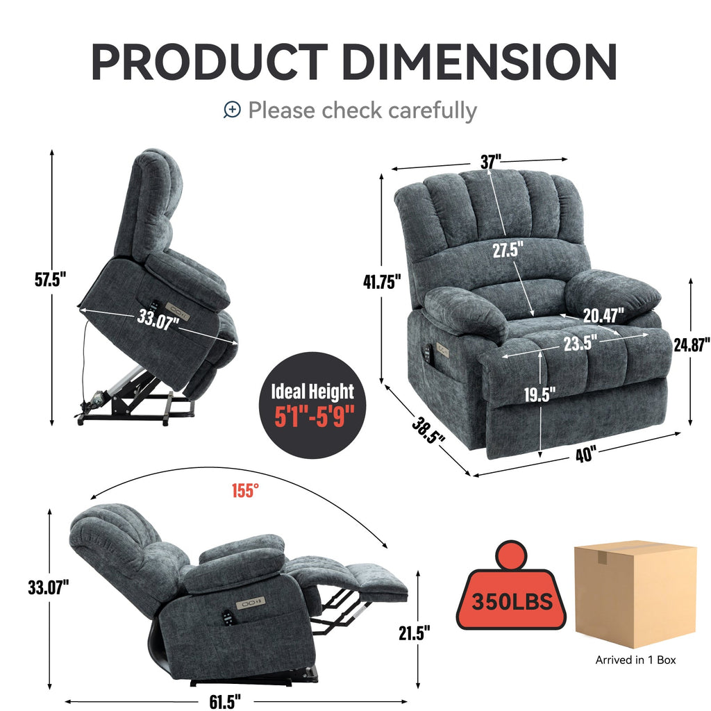 23' Seat Width and High Back Large Size Blue Grey Chenille Power Lift Recliner Chair with 8-Point Vibration Massage and Lumbar Heating
