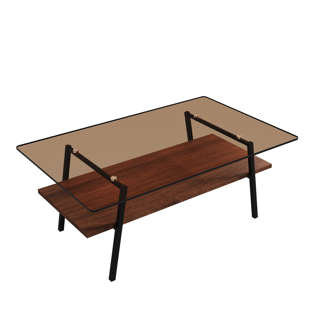 Rectangle Coffee Table, Tempered Glass Tabletop with Black Metal Legs, Modern Table for Living Room , Brown Glass