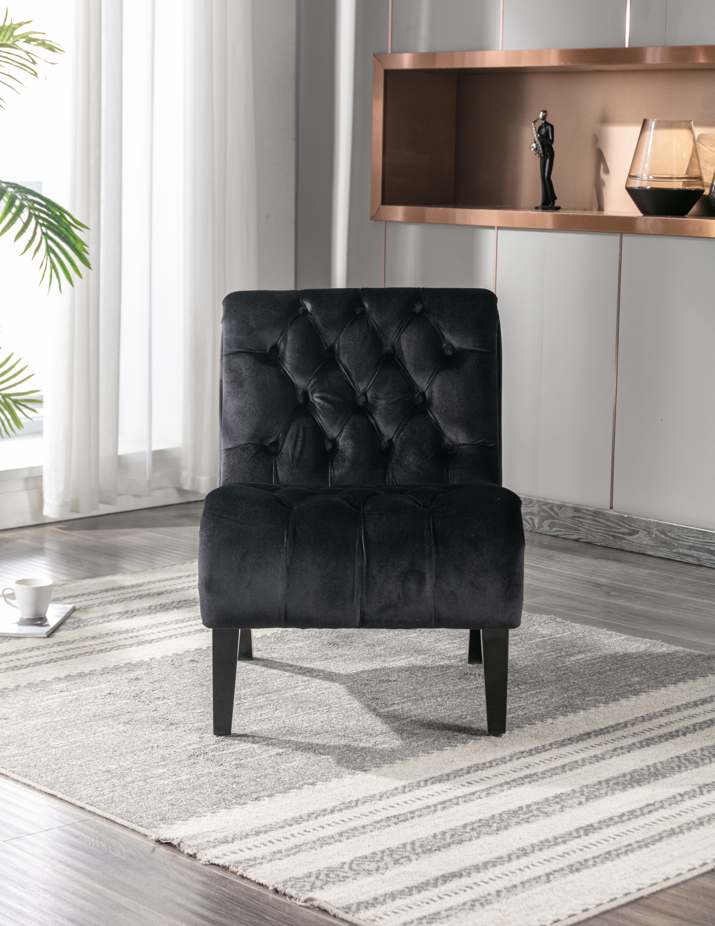 COOLMORE Modern Velvet Armless Accent Living Room Chair / Leisure Chair,Upholstered Fabric Button Comfortable Chair with Wooden Legs for Bedroom, Living Room, Office (Black Velvet)