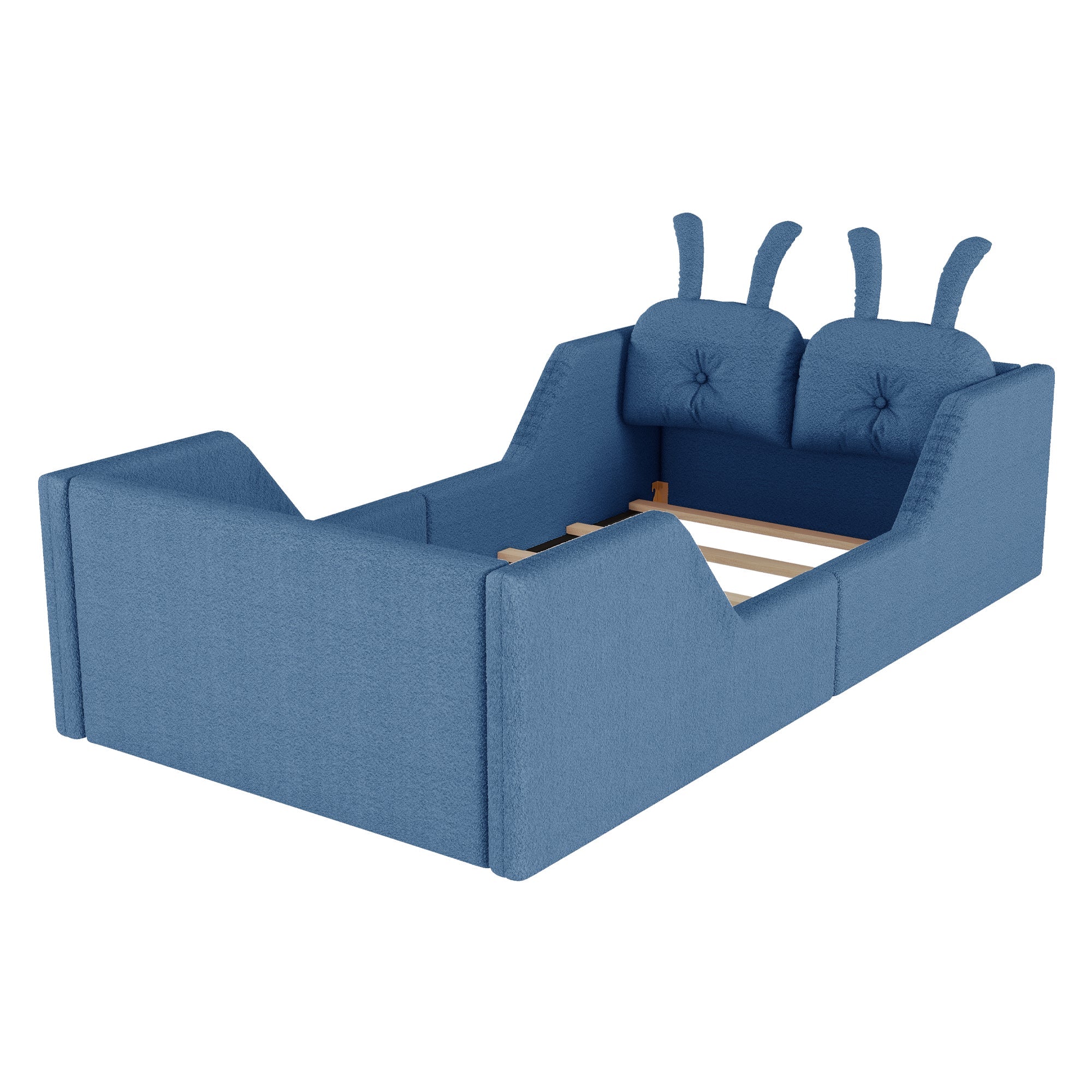 Twin Size Upholstered Platform Bed with Rabbit Cushion, Kids Floor Upholstered Bed with Removable Side Rails, Blue(Expect Arrival Date 2025/1/15)