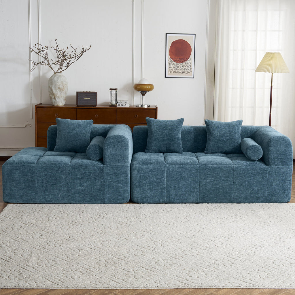 Modern Modular Sofa with Deep Seating, Two Side Pockets, and Plush Pillows in Blue Chenille Fabric, 101.2'