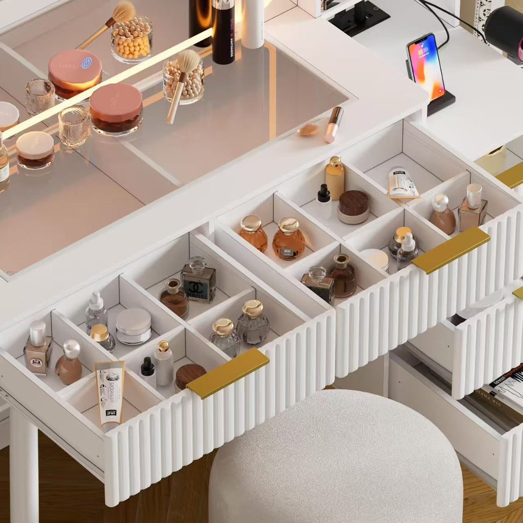 Vanity Desk with with Mirror and Lights, Makeup Vanity Table with Glass Top ,Dressing Table with Drawers, Bedroom Makeup Table for Women (White-Glass top)