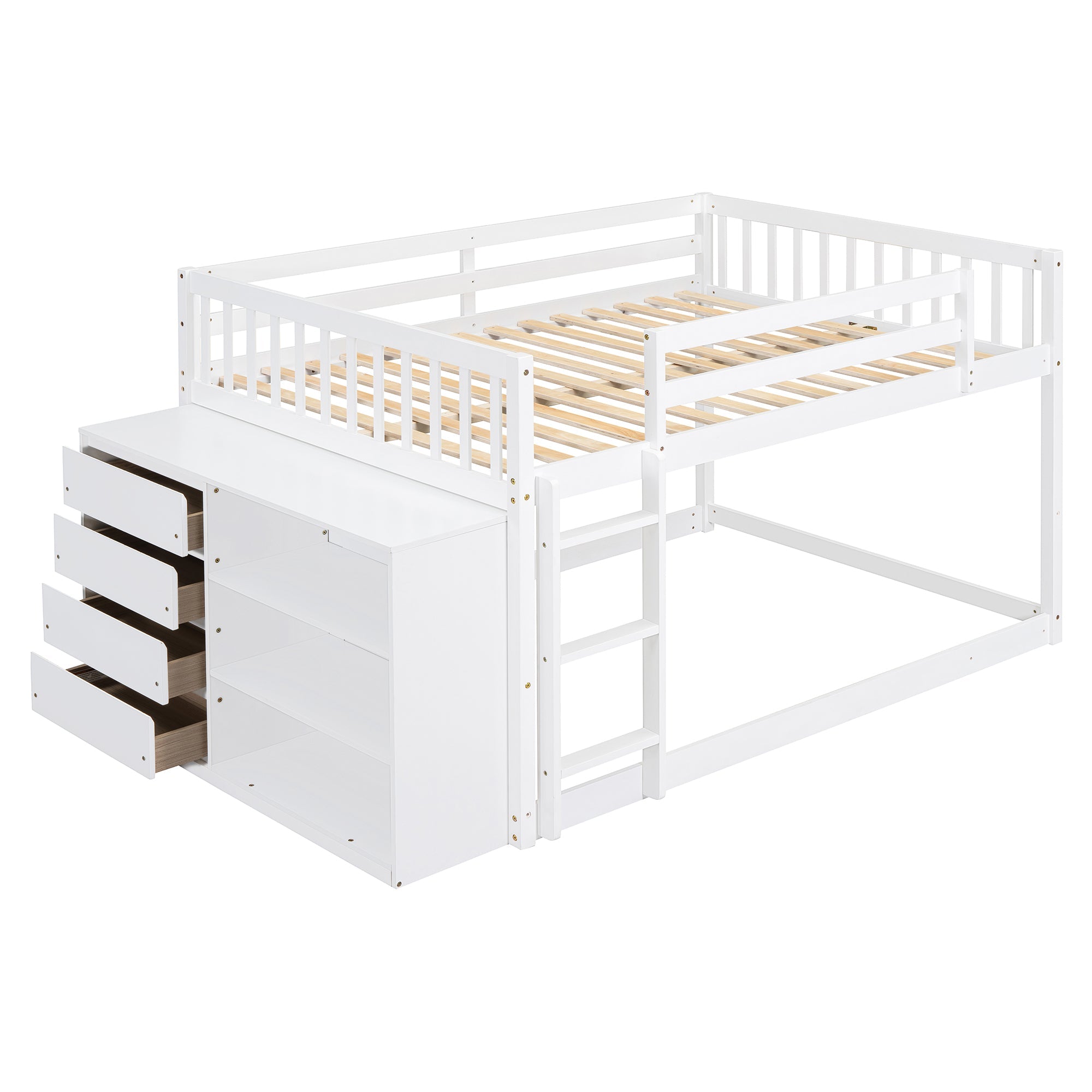 Elegant White Full Over Full Bunk Bed with Storage and Shelves - Solid Wood and Durable Design