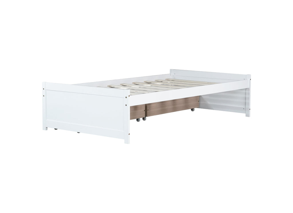 Twin Size Bed with 2 Drawers, Solid Rubber Wood Bed,White