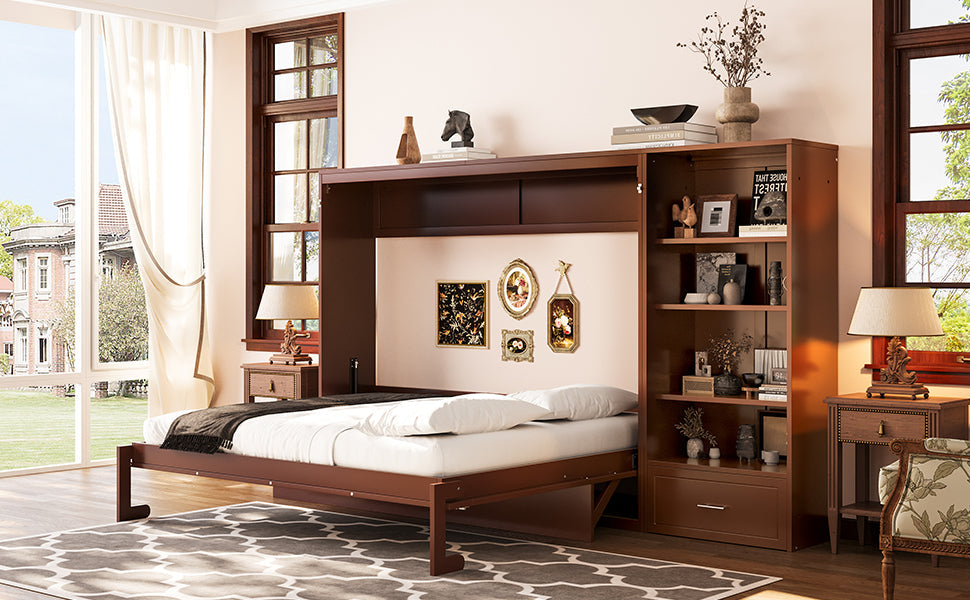 Queen Size Murphy Bed with Height Adjustable Storage Compartments and Shelf, Wall Bed Frame With 1 Drawer, Multifunctional Foldable Platform Bed for Small Space,Bedroom,Guest Room, Walnut