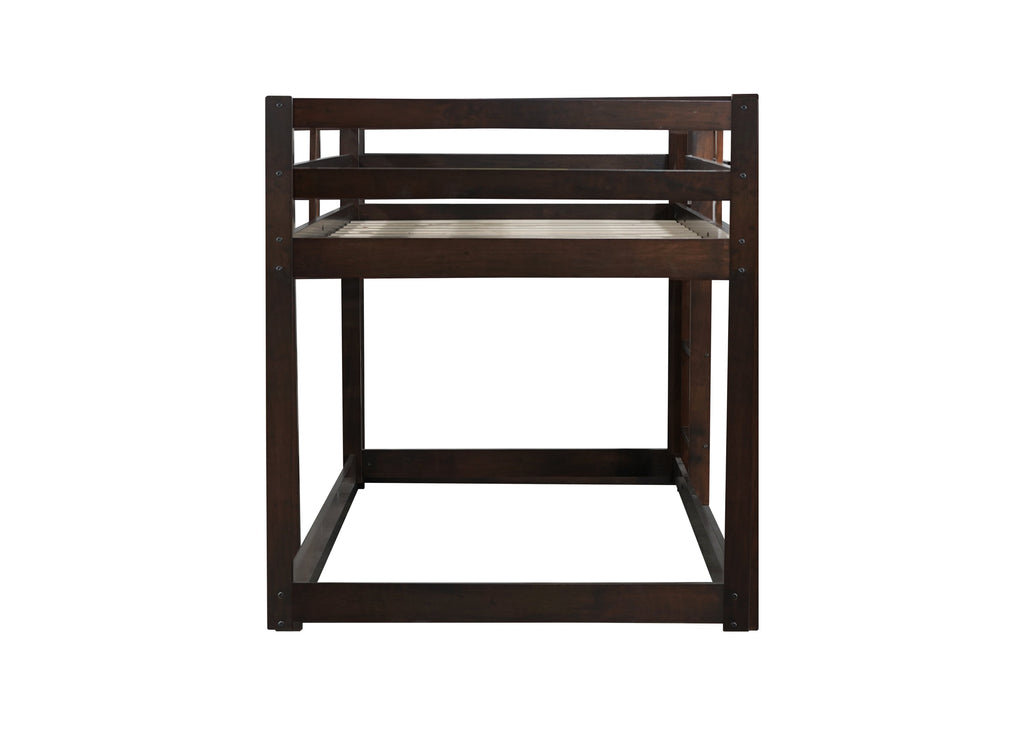 Solid Wooden, Solid Rubber Wooden Twin over Twin Floor Bunk Bed with Ladder, with Bed Platform of Strengthened Slats  , Espresso