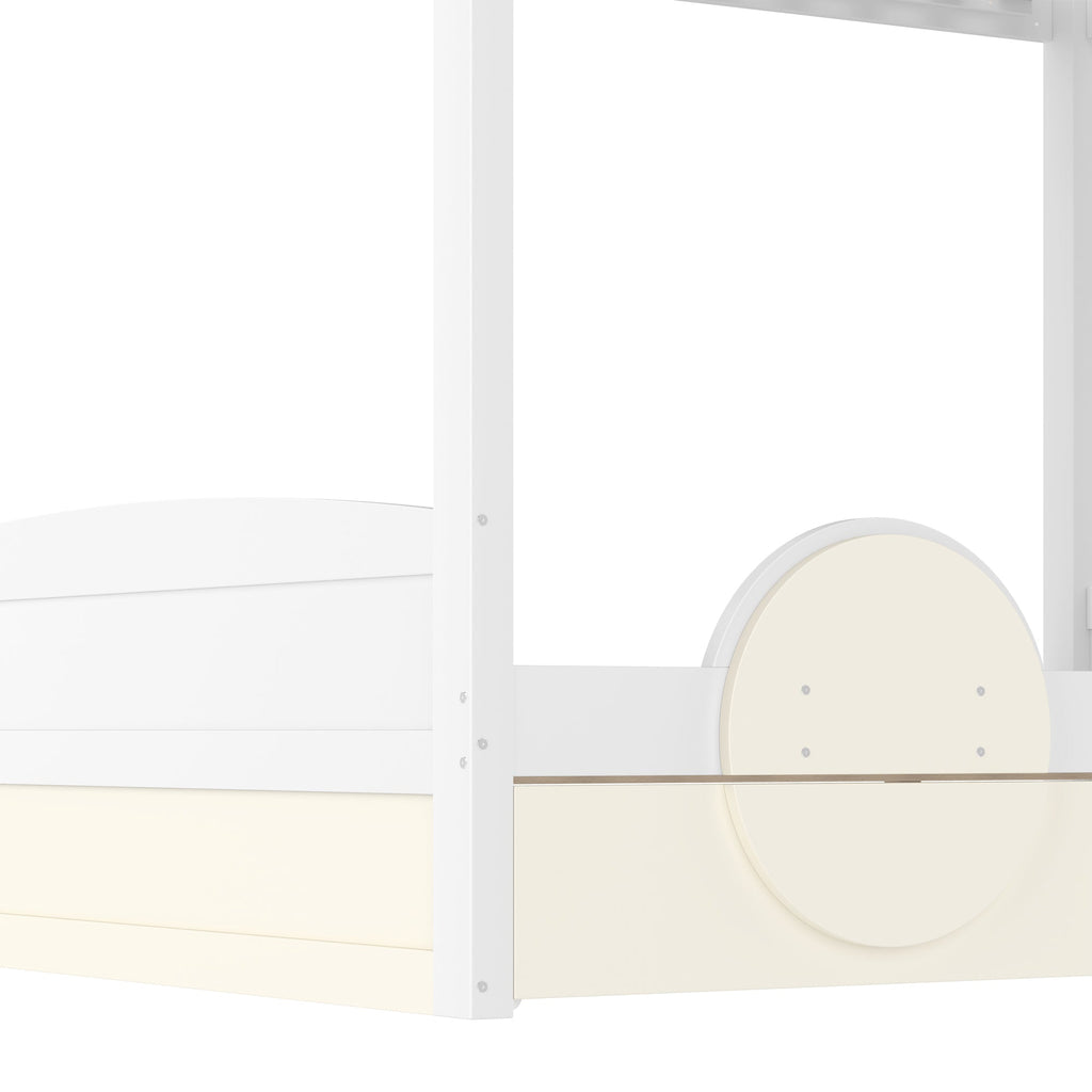 Full Bunk Bed with Trundle , Wood Bunk Bed Frame with Built-in Bookshelf and High-quality Safety Guardrail,Automobile Form Design for Kids ,White＆ Beige.