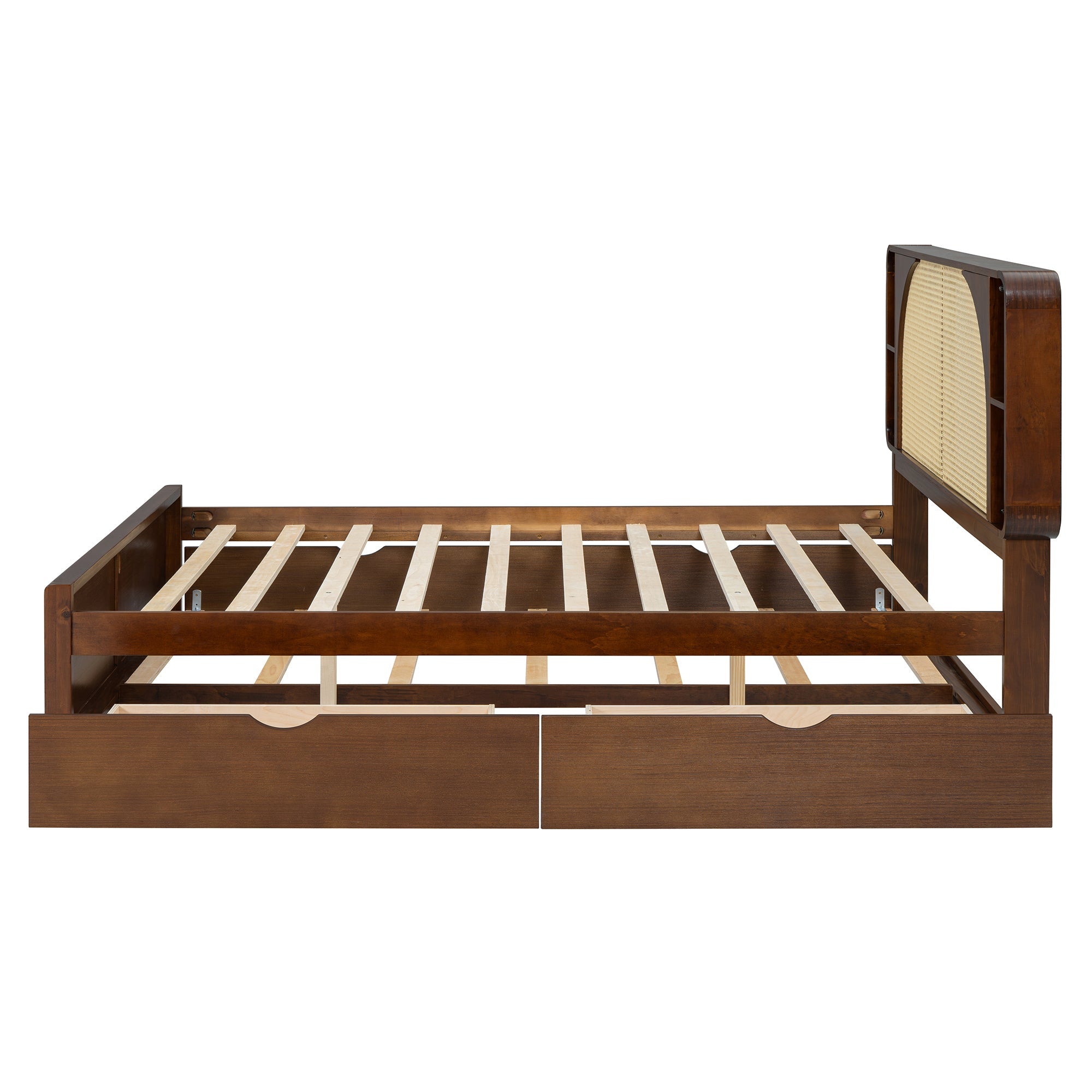 Queen Size Rattan Headboard Bed with Two Drawers and Trundle, Walnut