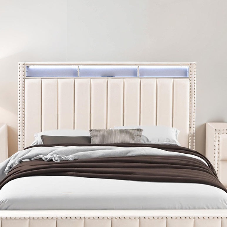 Full Size Bed 2x Nightstands Bedroom Furniture Contemporary Beige Fabric Upholstered Bedframe w LED Nailhead Trim 3pc Bedroom Set