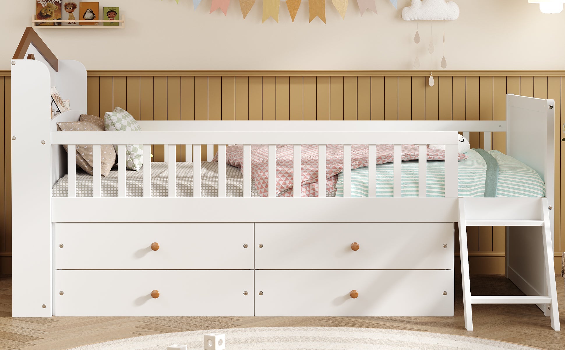 Twin Bed Frame with Storage 4 Drawers,Wooden Bed Frame for Kids,Platform Twin Size Bed with Guardrail Headboard and Ladder, No Box Spring Needed, Easy Assembly, White