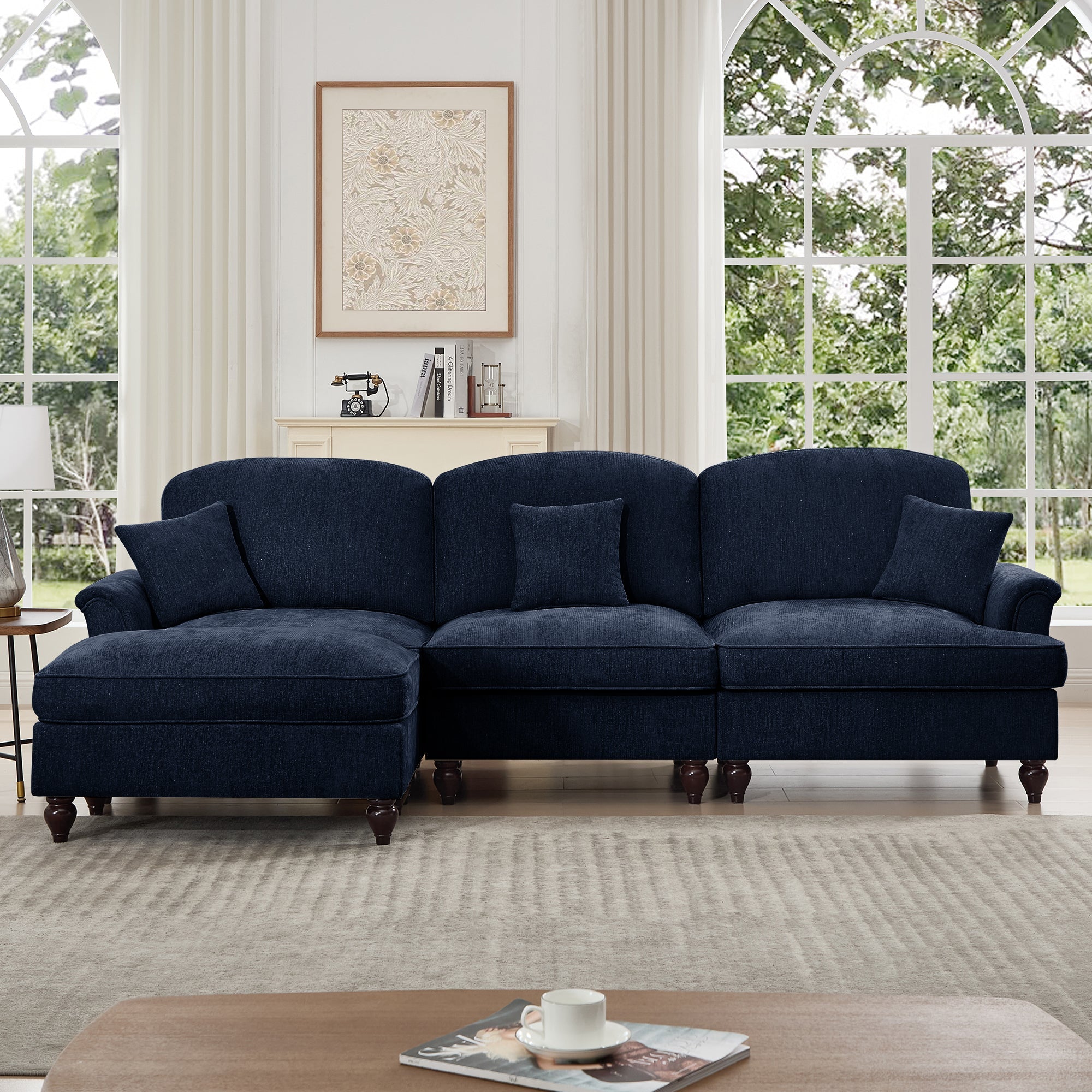 Mid Century Three Seater Modular L Shaped Sectional Couch with Flared Arms and Removable Ruffles Pleats Skirts and Spindle Legs, Comfy Chenille 3-Seat Deep Seat Sofa with Movable Ottoman,Blue