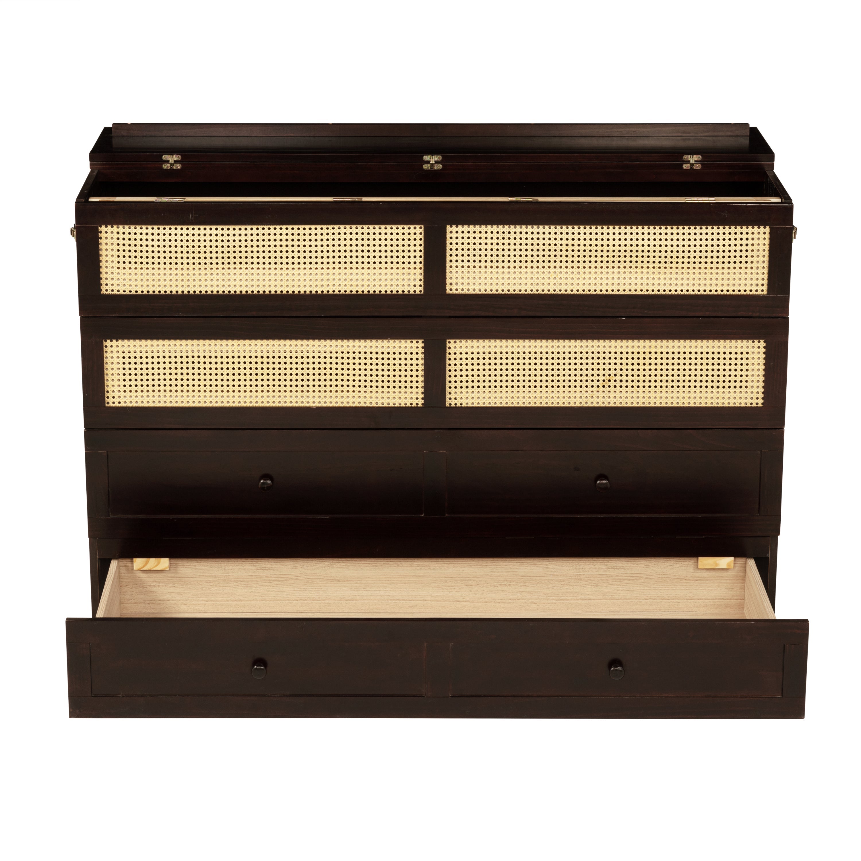 Queen Size Murphy Bed, Pine Wood Cabinet Bed with Rattan Decoration and Storage Drawer,Espresso