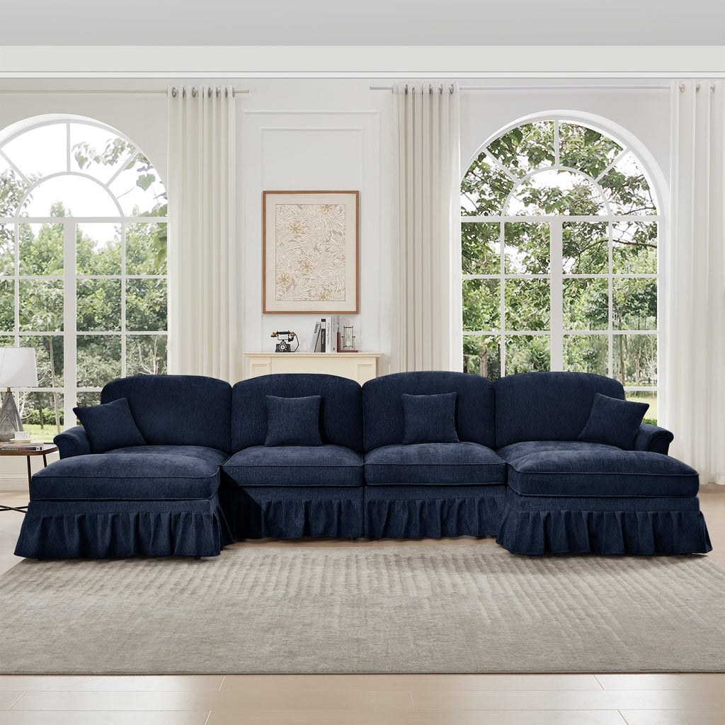 Classic U Shape 4 Seater Modular Sectional Sofa Couch with Flared Arms and Removable Ruffles Pleats Skirts and Spindle Legs, Chenille Deep Seat Cloud Sofa with Movable Ottomans, Blue