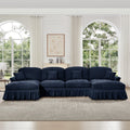 Classic U Shape 4 Seater Modular Sectional Sofa Couch with Flared Arms and Removable Ruffles Pleats Skirts and Spindle Legs, Chenille Deep Seat Cloud Sofa with Movable Ottomans, Blue