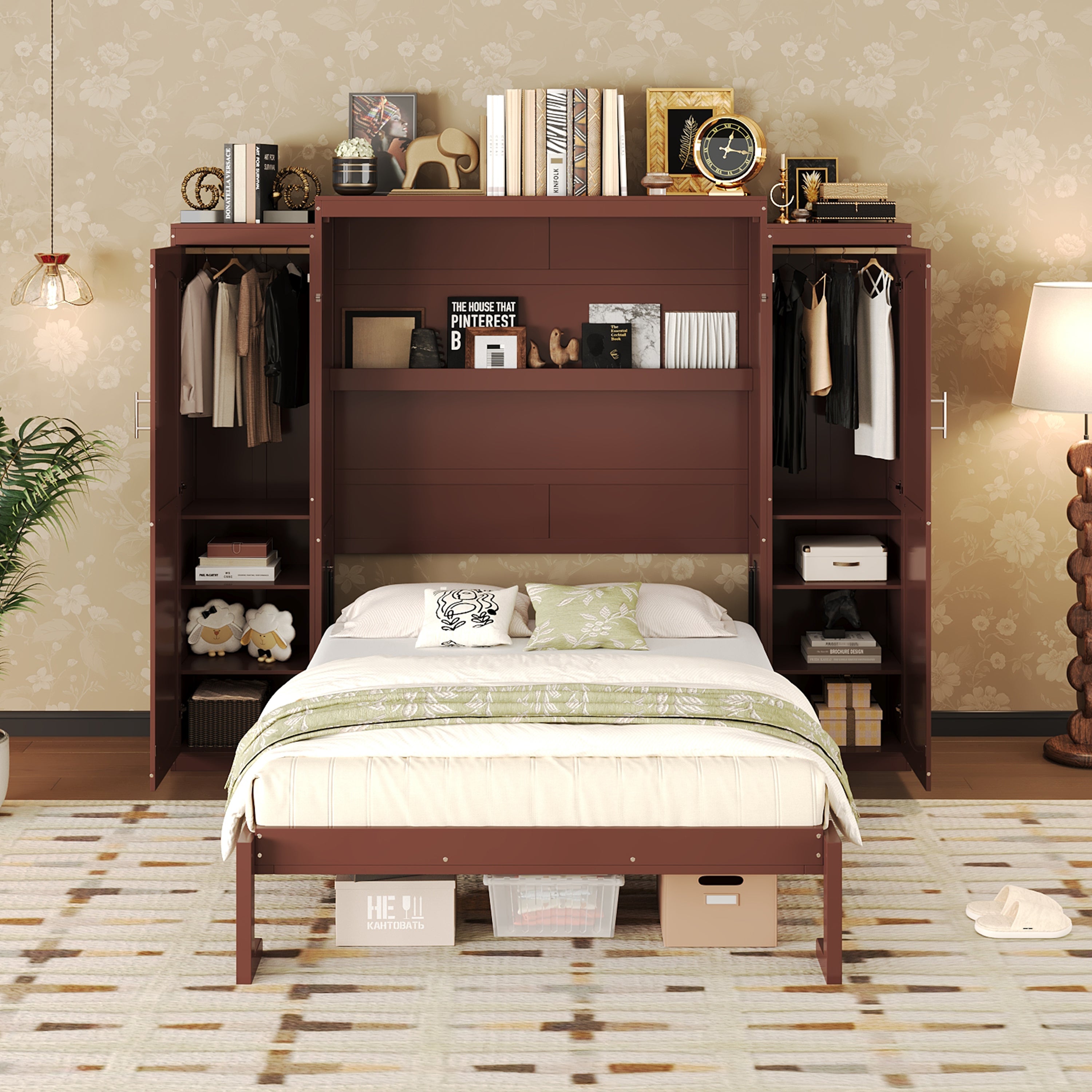 Full Size Murphy Bed, Wooden Full Wall Bed with 2 Wardrobe and Storage Shelf, Multifunctional Foldable Platform Bedframe for Guest-Room, Bedroom, Walnut