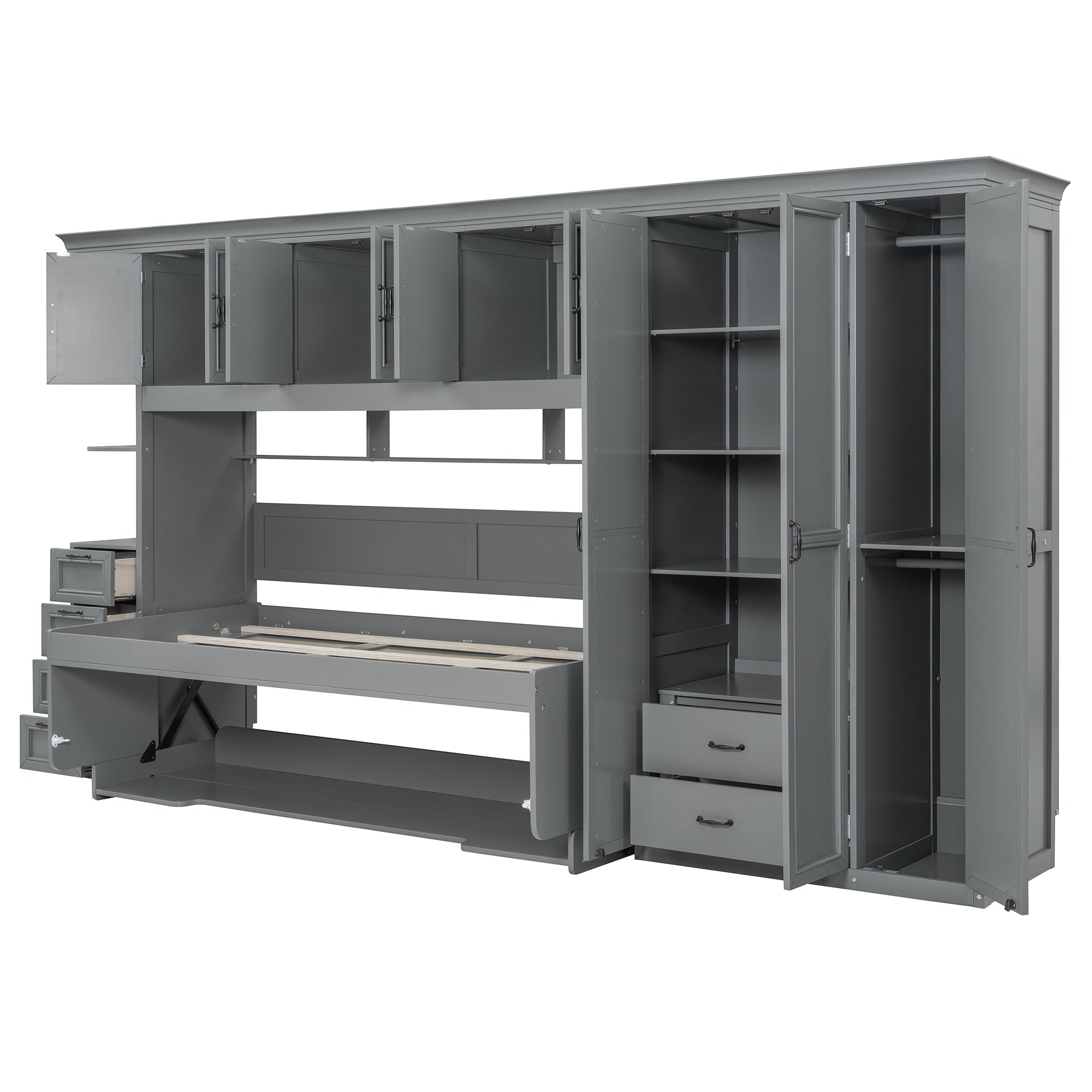 Twin Size Murphy Bed Wall Bed with Wardrobe, Cabinet and Desk, Gray