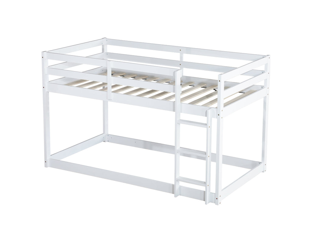 Solid Wooden, Solid Rubber Wooden Twin over Twin Floor Bunk Bed with Ladder, with Bed Platform of Strengthened Slats,White