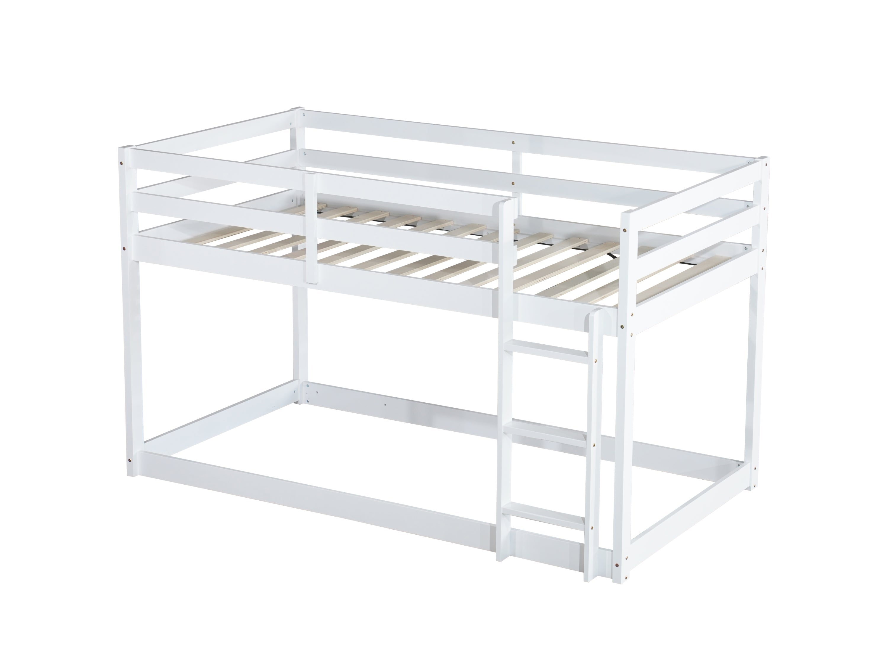 Solid Wooden, Solid Rubber Wooden Twin over Twin Floor Bunk Bed with Ladder, with Bed Platform of Strengthened Slats,White