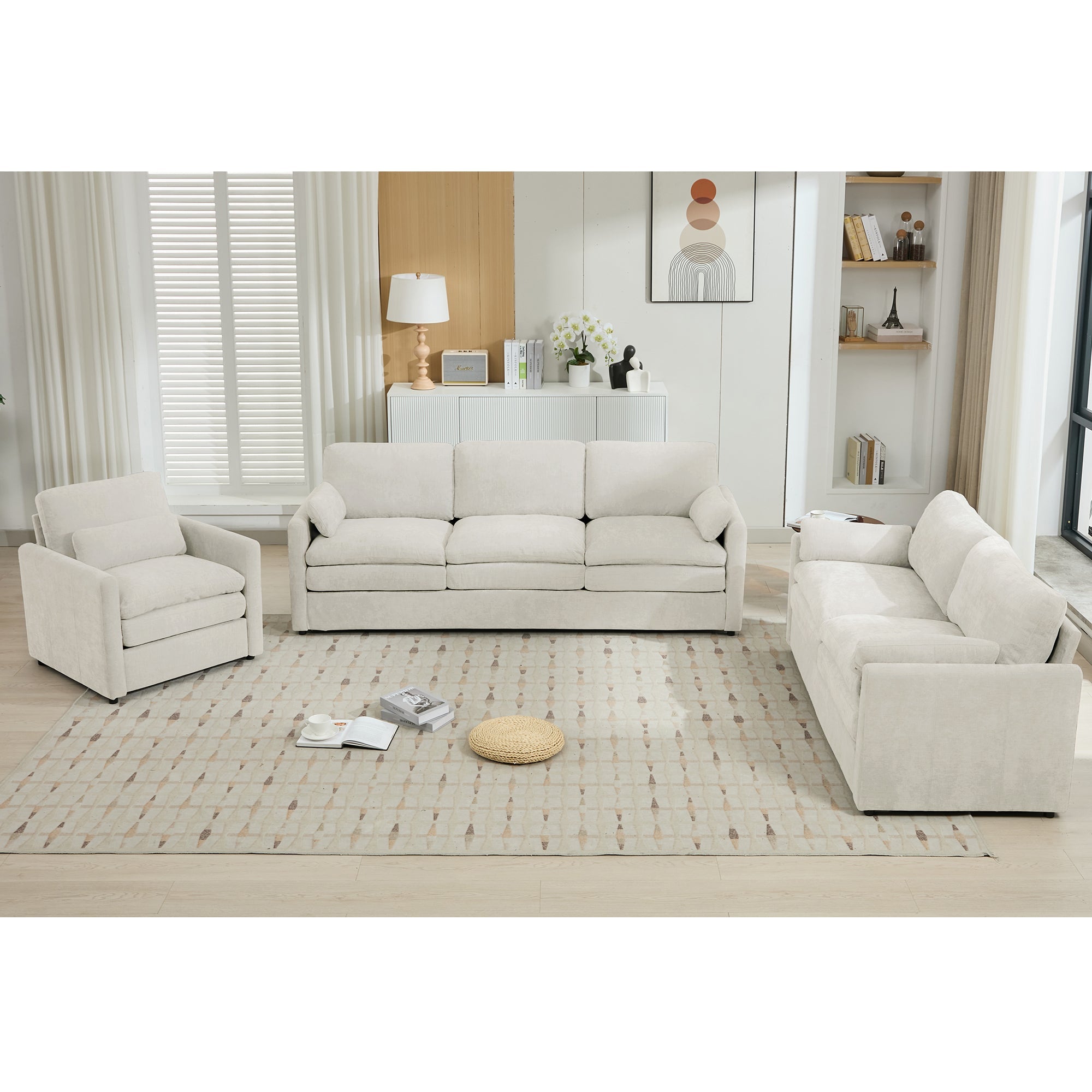 Cozy Upholstered Sofa Set Oversized Comfy Cloud Sofa Double Cushion Sofa Group Plush Cushion Sofa Couch for Living Room, Beige