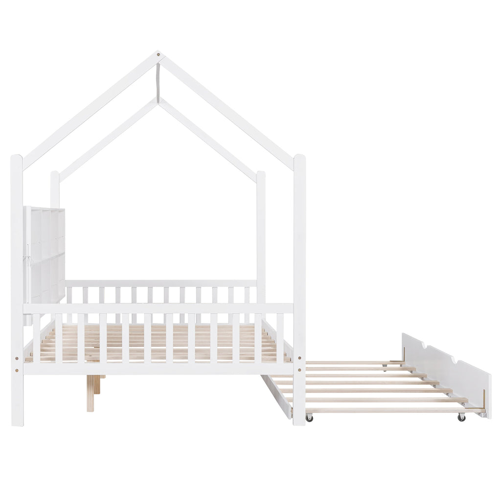 Wooden Full Size House Bed with Trundle,Kids Bed with Shelf, White (Old SKU: WF297070AAK)