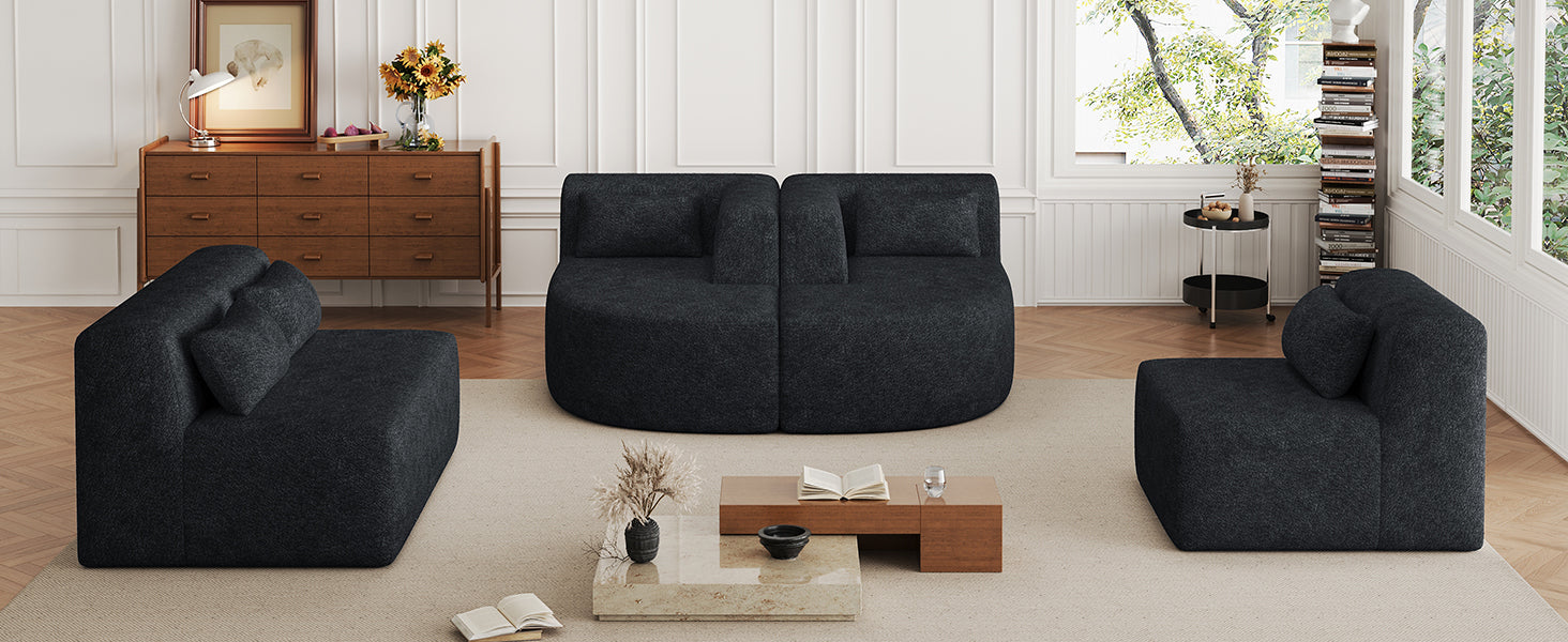 144' Upholstered Sofa Free-combined Sofa Couch with Two Chaise Lounge and Five Back Pillows for Living Room(Old SKU: N719S001600B), Black
