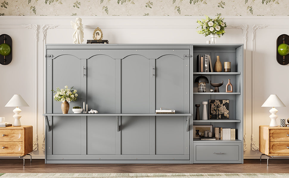 Queen Size Murphy Bed with Height Adjustable Storage Compartments and Shelf, Wall Bed Frame With 1 Drawer, Multifunctional Foldable Platform Bed for Small Space,Bedroom,Guest Room, Gray