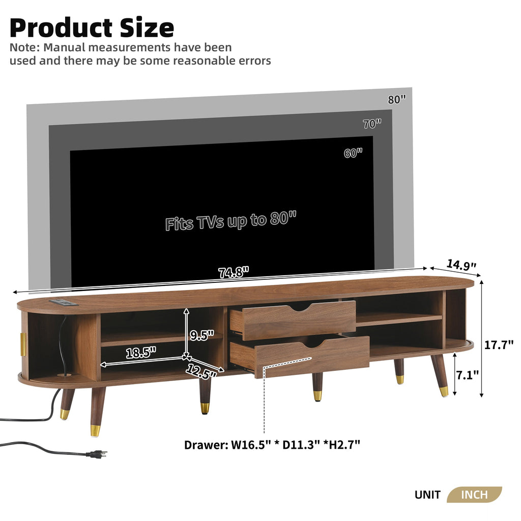 Wooden Oval Fluted TV Stand with Charging Station for TV up to 80', Mid-Century Media Console with Sliding Tambour Door, Farmhouse TV Cabinet with Golden Handle for Living Room, Walnut