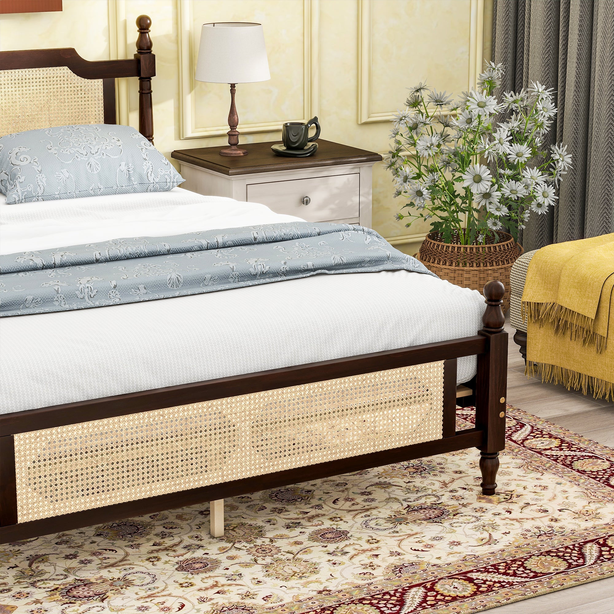 Queen Pine wooden Bed with Rattan Headboard  and Footboard, with  Central Enhanced Bed Platform ,Espresso