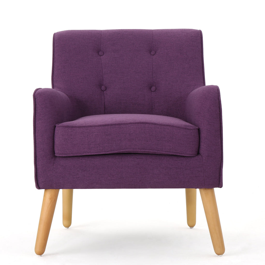 Mid-Century Modern Arm Chair with Tufted Back in Purple Fabric and Birch Wood Legs