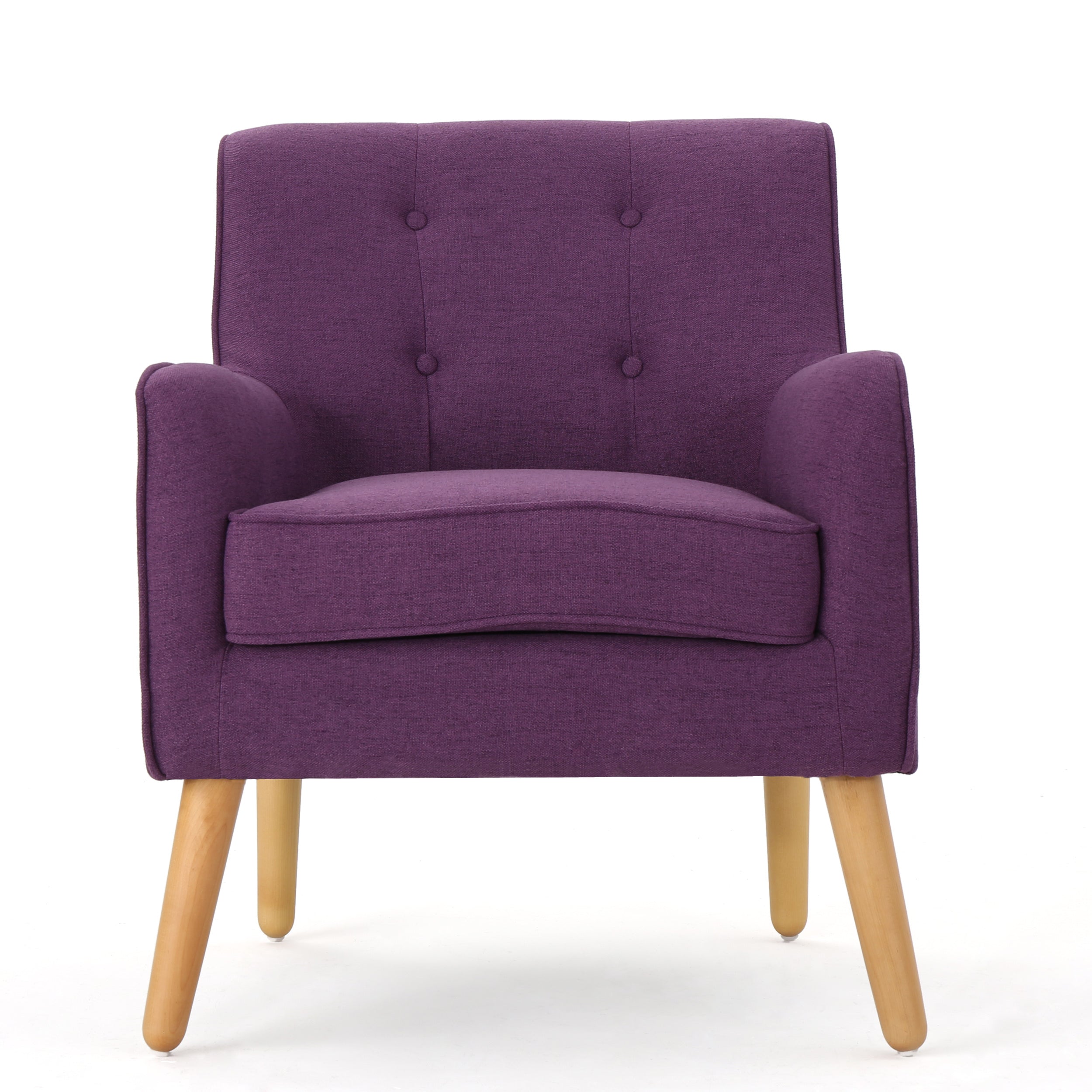 Mid-Century Modern Arm Chair with Tufted Back in Purple Fabric and Birch Wood Legs