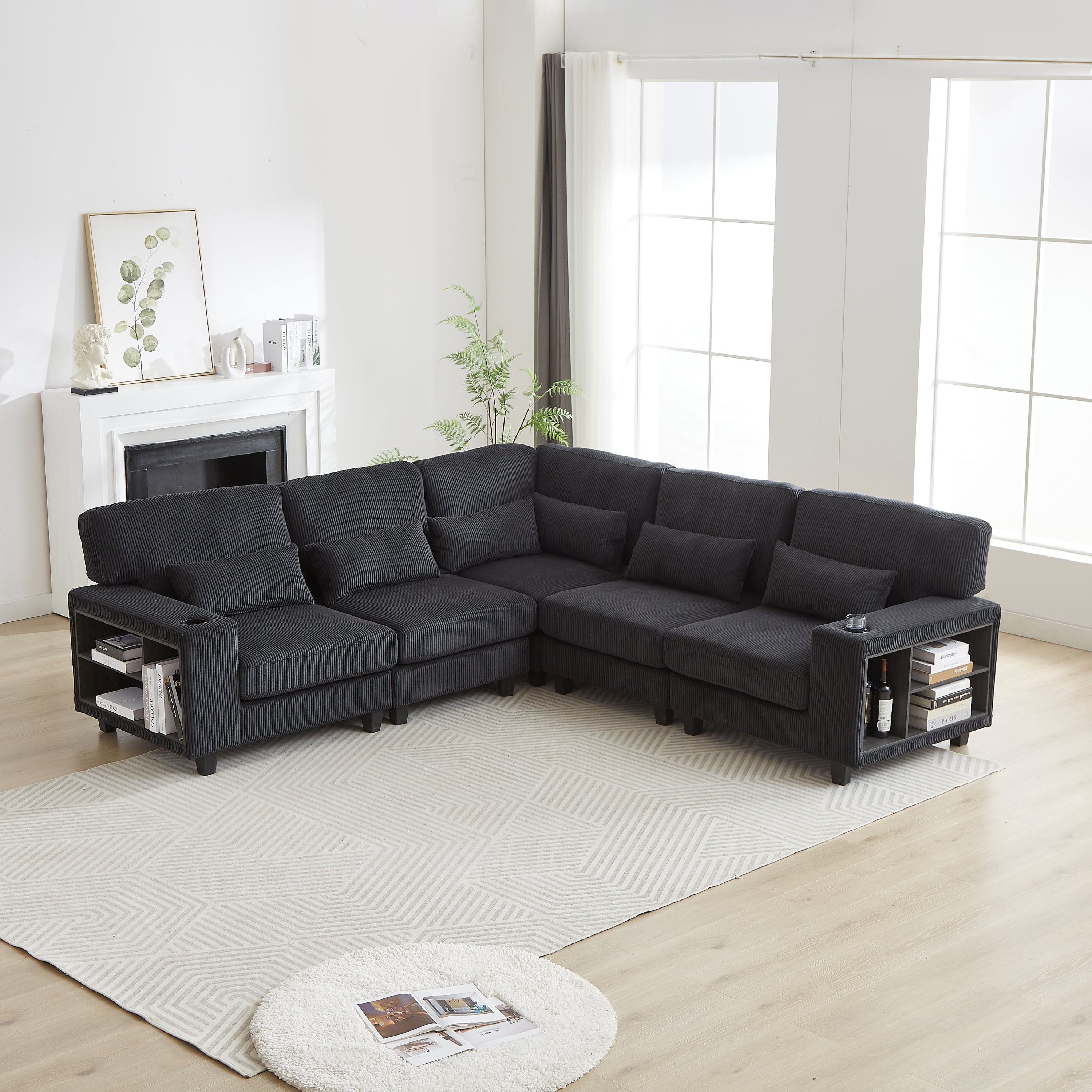102.75*102.75' L-Shaped Modular Sectional Sofa, Modern Corduroy Sectional Sofa, Arm with Storage With Cup Holder 5-Seat Convertible Sectional Sofa for Living Room, Bedroom, Lounge and Projection Room