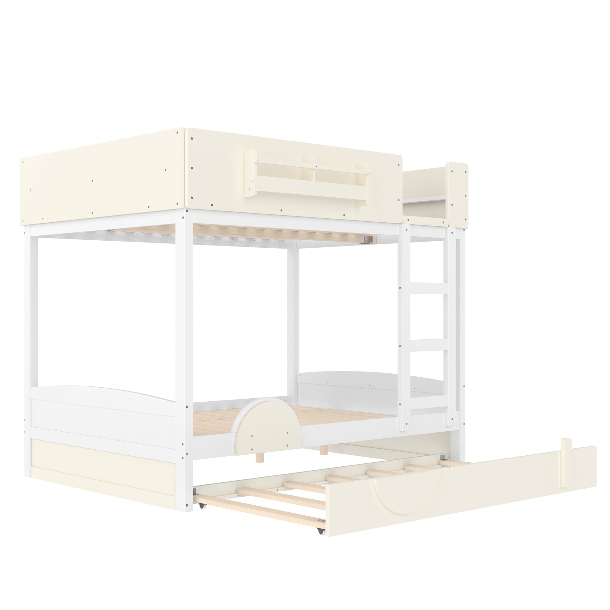Full Bunk Bed with Trundle , Wood Bunk Bed Frame with Built-in Bookshelf and High-quality Safety Guardrail,Automobile Form Design for Kids ,White＆ Beige.