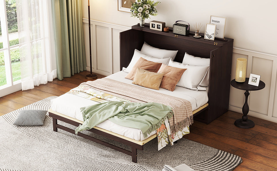 Queen Size Murphy Bed, Pine Wood Cabinet Bed with Rattan Decoration and Storage Drawer,Espresso