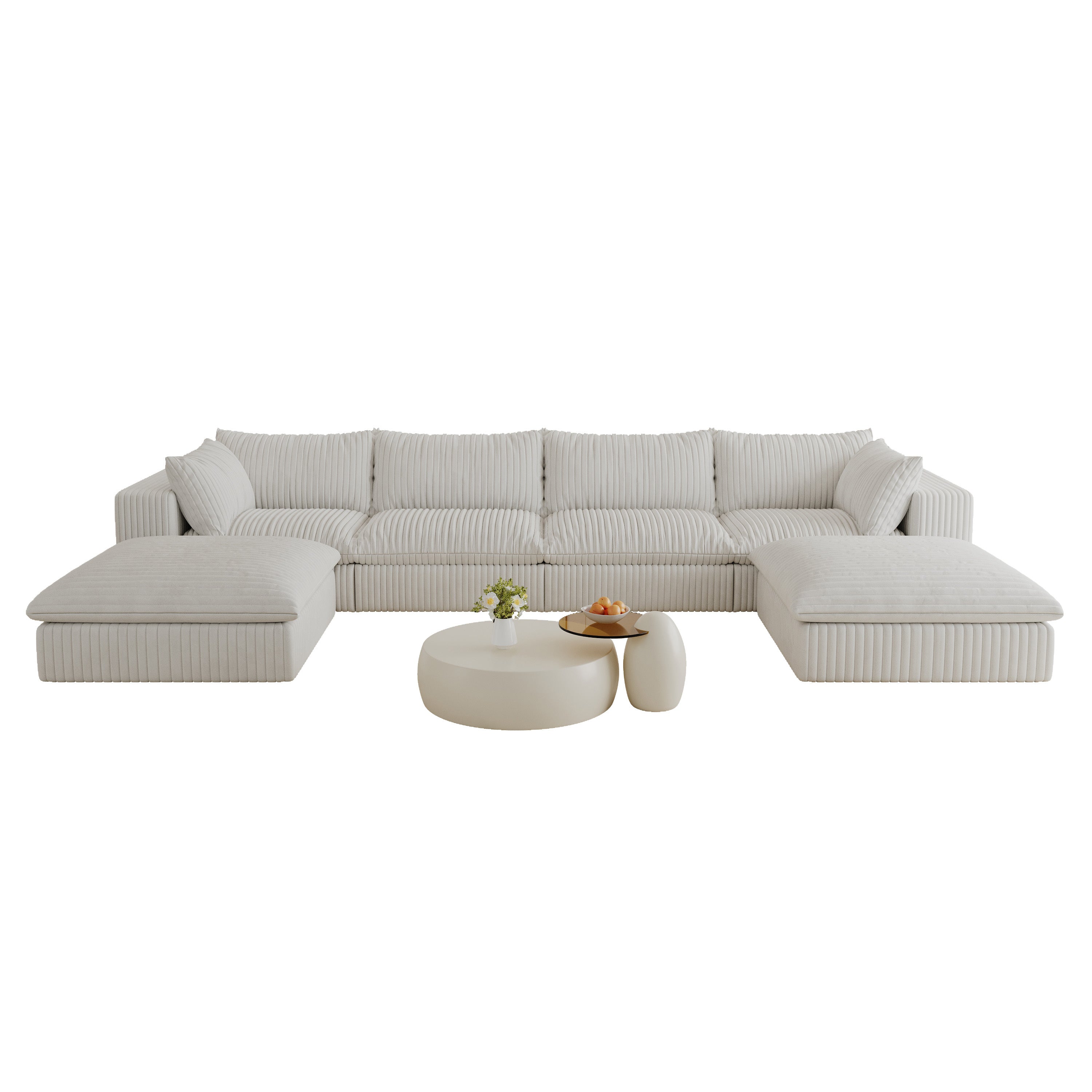 157.6'Cloud Sofa,Corduroy Fabric,Deep Seat Couches,Double-layer design,Removable  Cushion,No Assembly,DIY Combination for Living room, Bedroom,Conference room ,Apartment,White