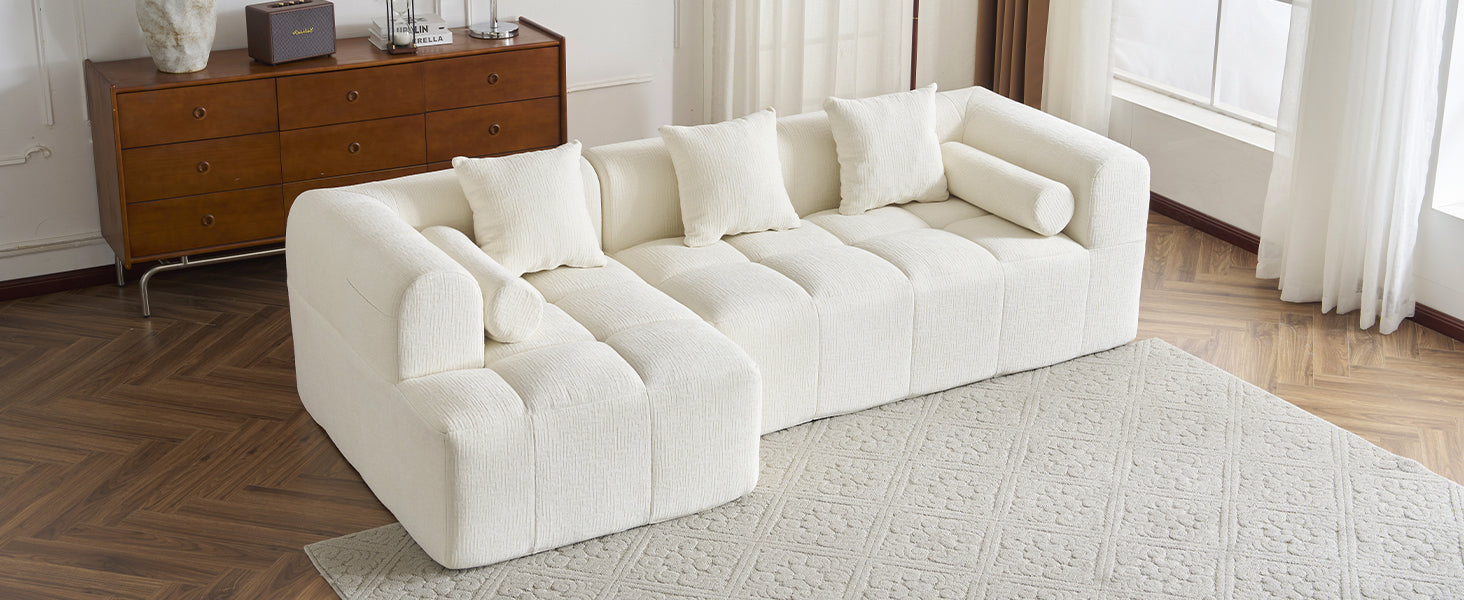 Modern Beige Modular Sectional Sofa with Deep Seating and Side Pockets, Chenille Upholstery, 101.2'