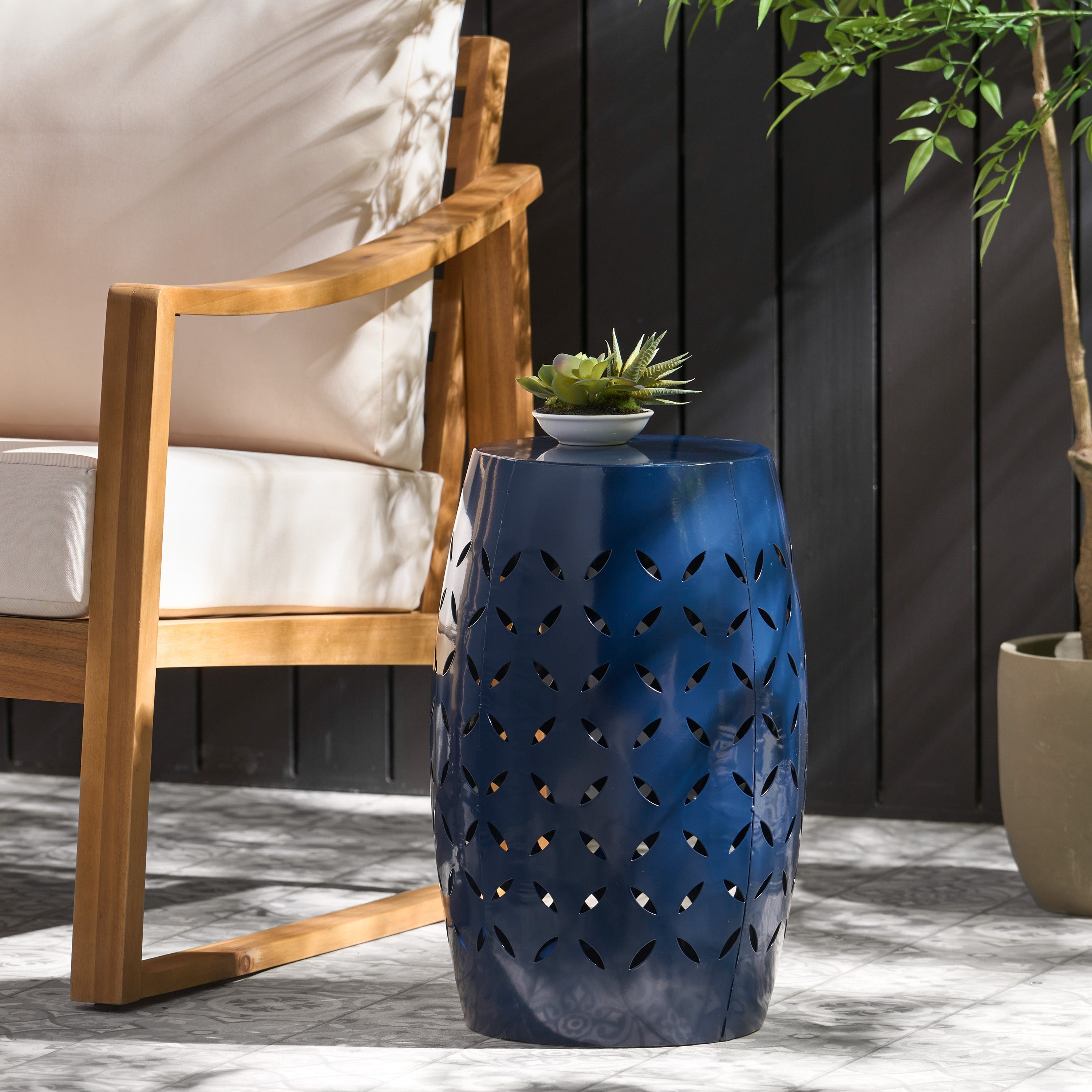 12' Outdoor Lace-Cut Side Table, Navy Blue