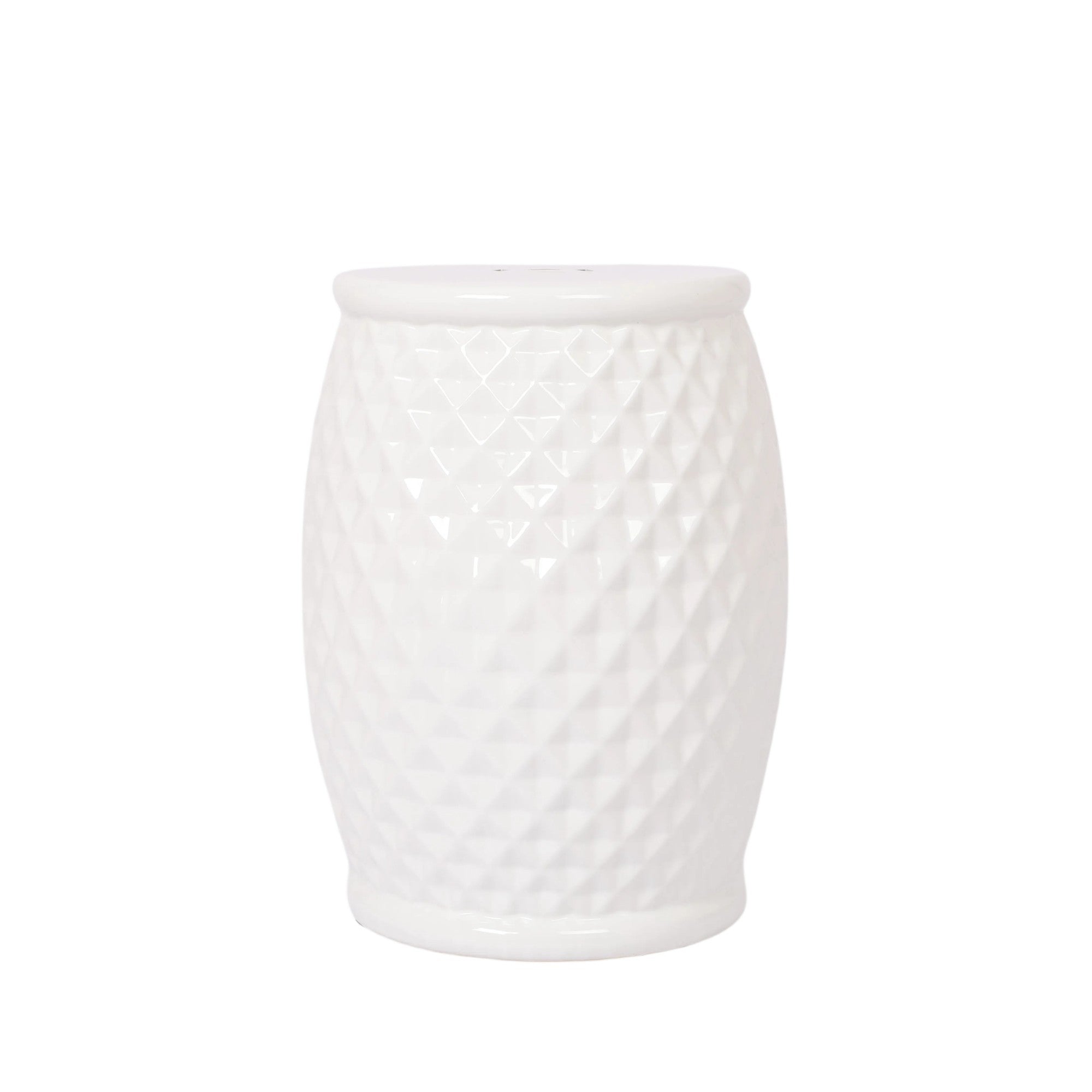 Glazed Ceramic Drum Stool - Indoor/Outdoor Side Table - White Ceramic 11 x 17.25 Inches