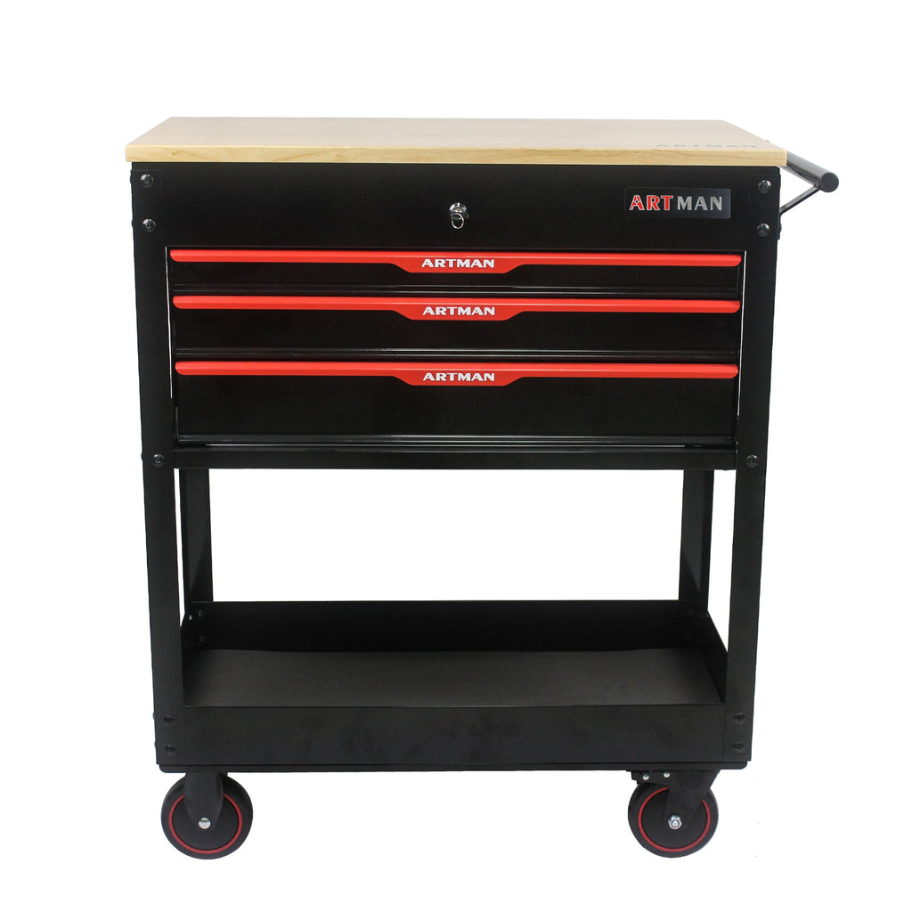 3 DRAWERS MULTIFUNCTIONAL TOOL CART WITH WHEELS AND WOODEN TOP--BLACK&RED