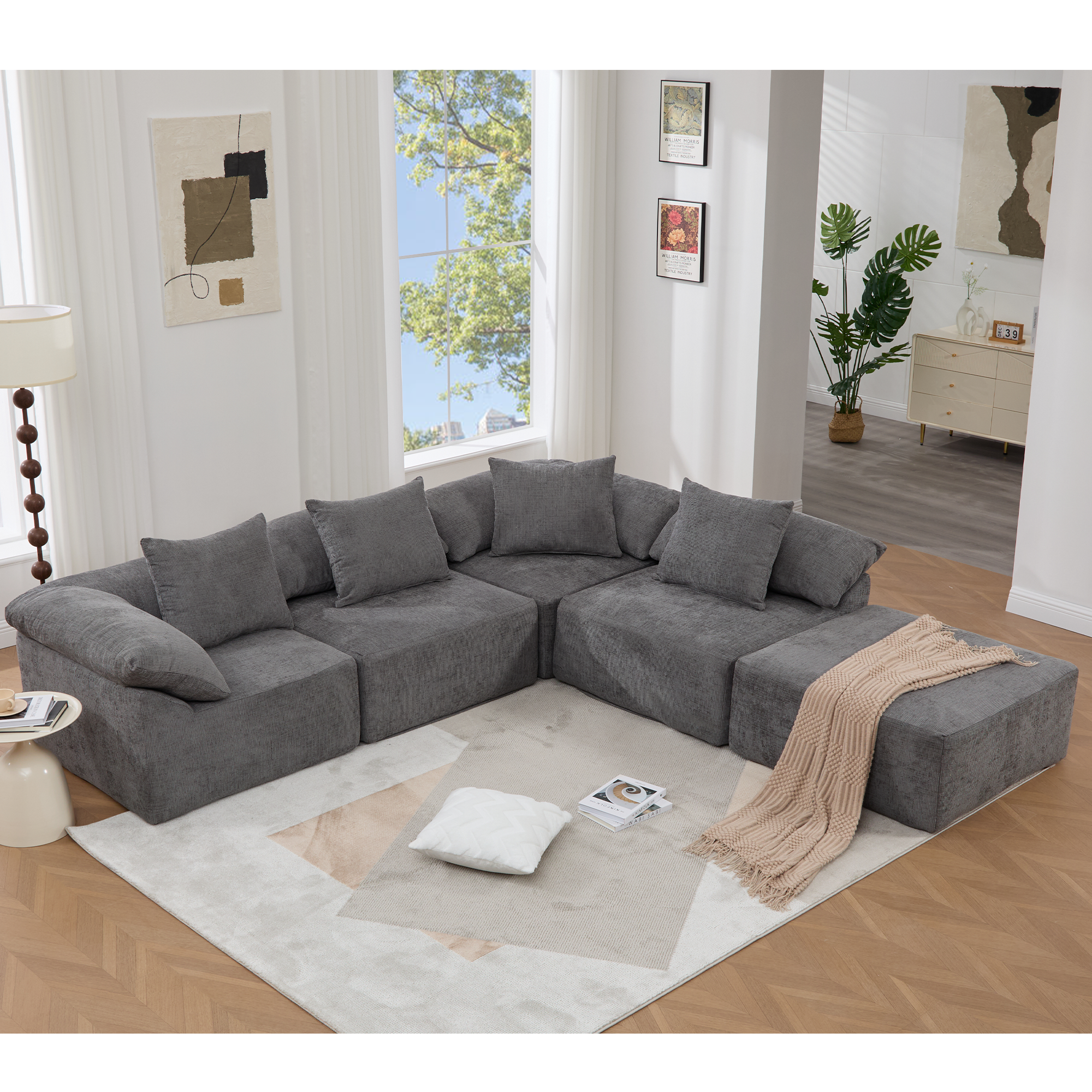 142' L Shaped Modular Sectional Sofa,No Assembly,5 Piece Couch, Convertible Sleeper Couch,Full-Compressed Couch,Free-Combined Couches,5 Seat & Ottoman,Chenille,Gray