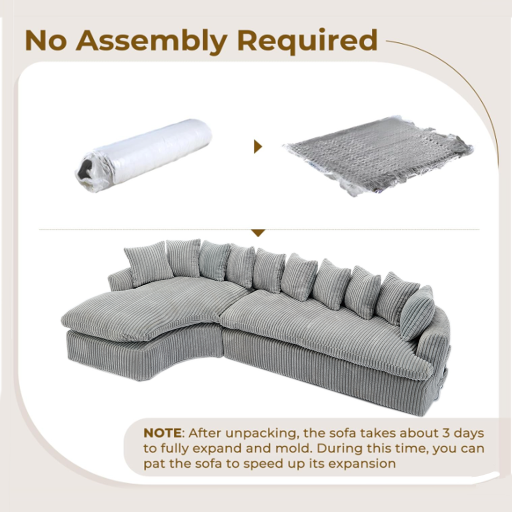 127''  Large Sectional Sofa ,Elegant Curved Design ,High-Resilience Foam ,Ten Back Cushions,L-Shape Left Sofa,No Assembly  Required , (Gray-Soft Corduroy Fabric)