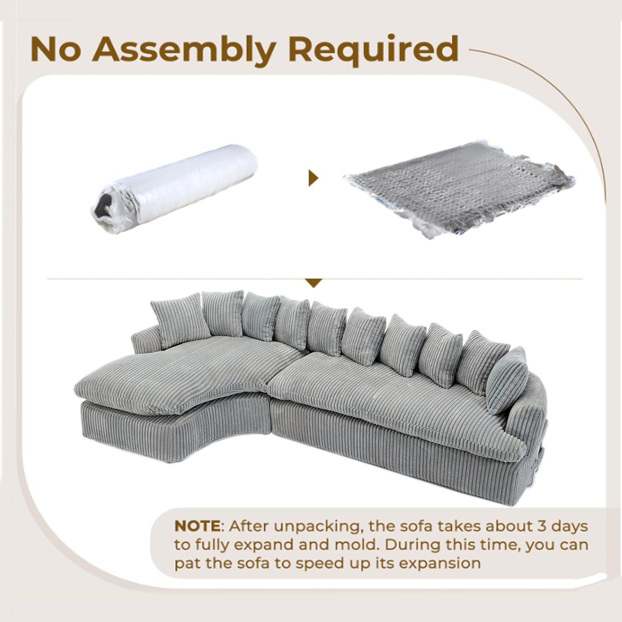 127''  Large Sectional Sofa ,Elegant Curved Design ,High-Resilience Foam ,Ten Back Cushions,L-Shape Left Sofa,No Assembly  Required , (Gray-Soft Corduroy Fabric)